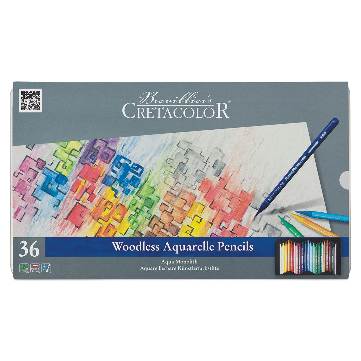 Cretacolor Woodless Watercolor Pencils, Top view of closed package of Set of 36 shown Cretacolor Woodless Watercolor Pencils, Top view of closed package of Set of 36 shown
