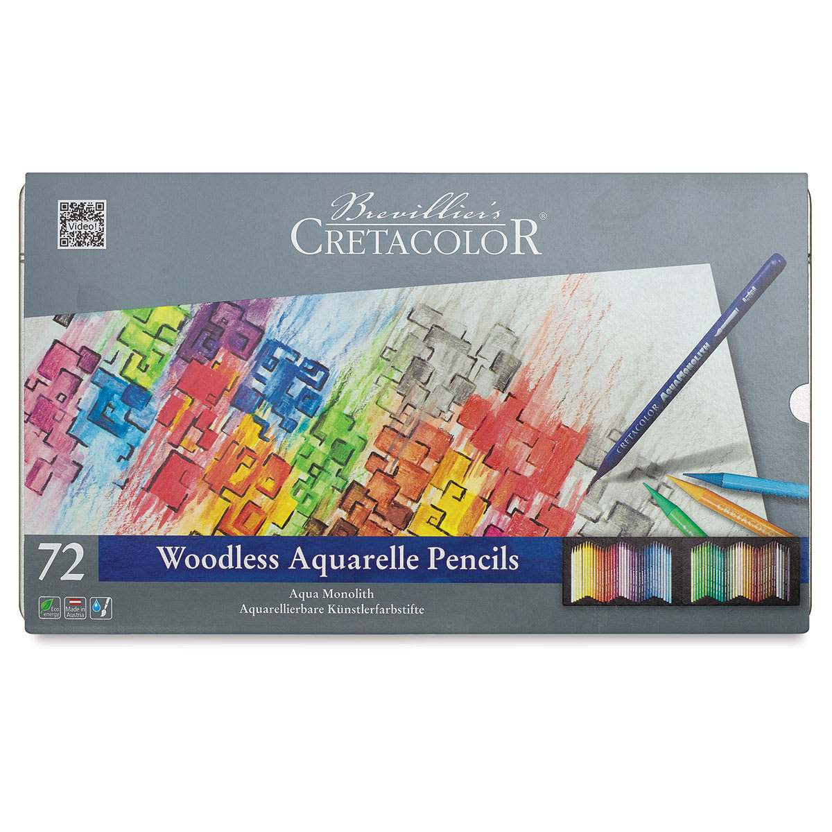 Cretacolor Woodless Watercolor Pencils, Top view of closed package of Set of 72 shown Cretacolor Woodless Watercolor Pencils, Top view of closed package of Set of 72 shown