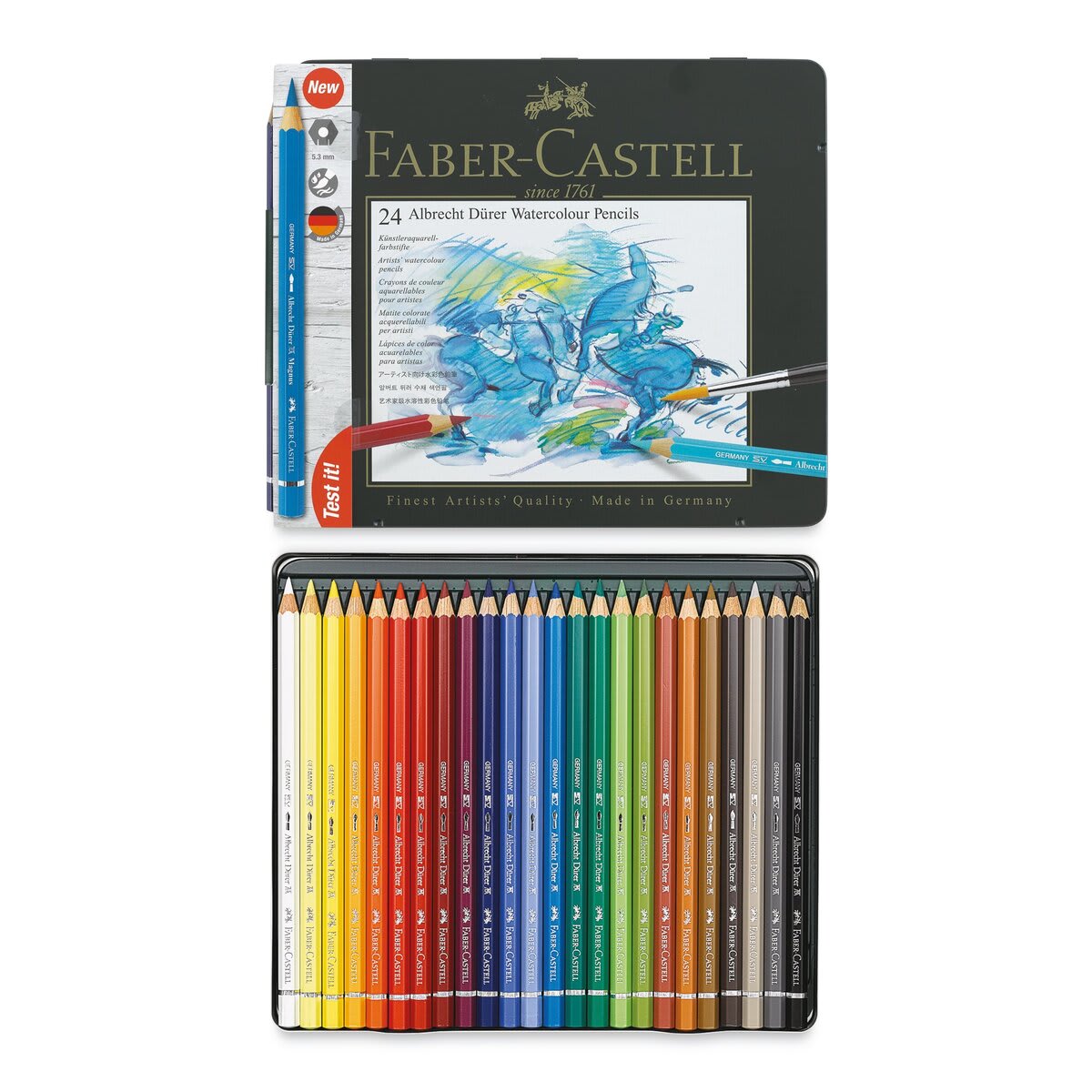 Faber-Castell Albrecht Durer Watercolor Pencils - Set of 24 (front of package and set contents) Faber-Castell Albrecht Durer Watercolor Pencils - Set of 24 (front of package and set contents)