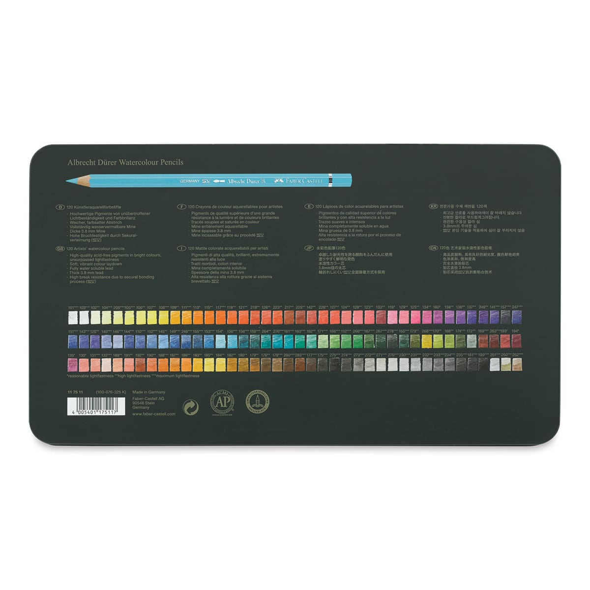 Faber-Castell Albrecht Durer Watercolor Pencils -  Set of 120 (back of package)