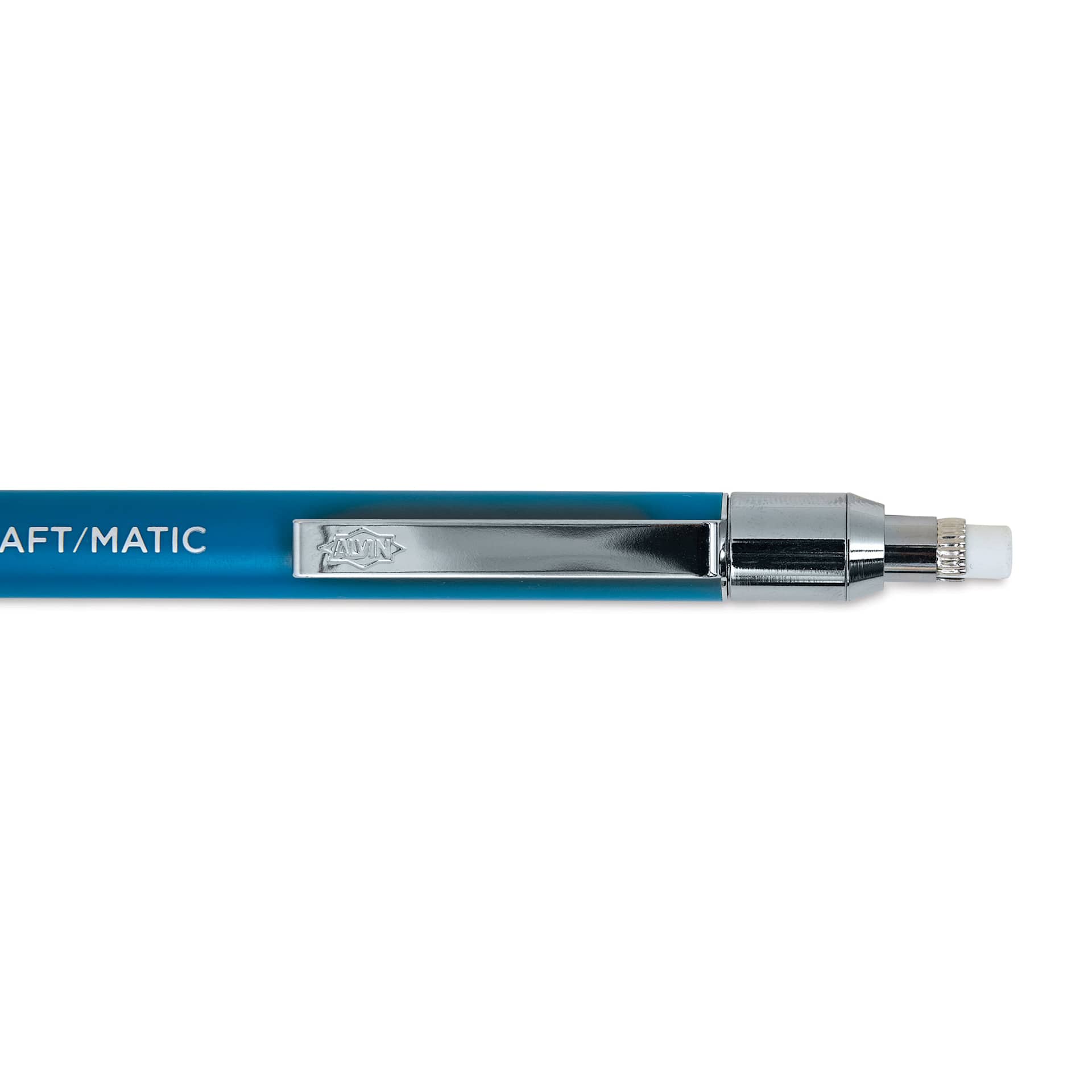 Alvin Draft/Matic Drafting Pencil - 0.7 mm Tip, Blue close-up of eraser Alvin Draft/Matic Drafting Pencil - 0.7 mm Tip, Blue close-up of eraser