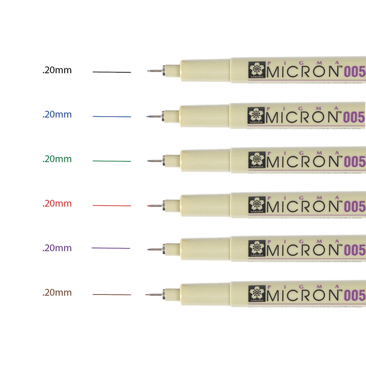 Sakura Pigma Micron Pens - Set of 6, Assorted Colors, 005 (set contents with swatch)