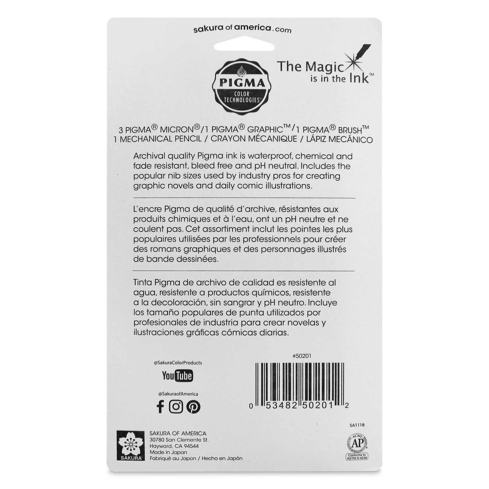 Sakura Manga Comic Pro Set - Sketching & Ink Set, Set of 6, back of packaging