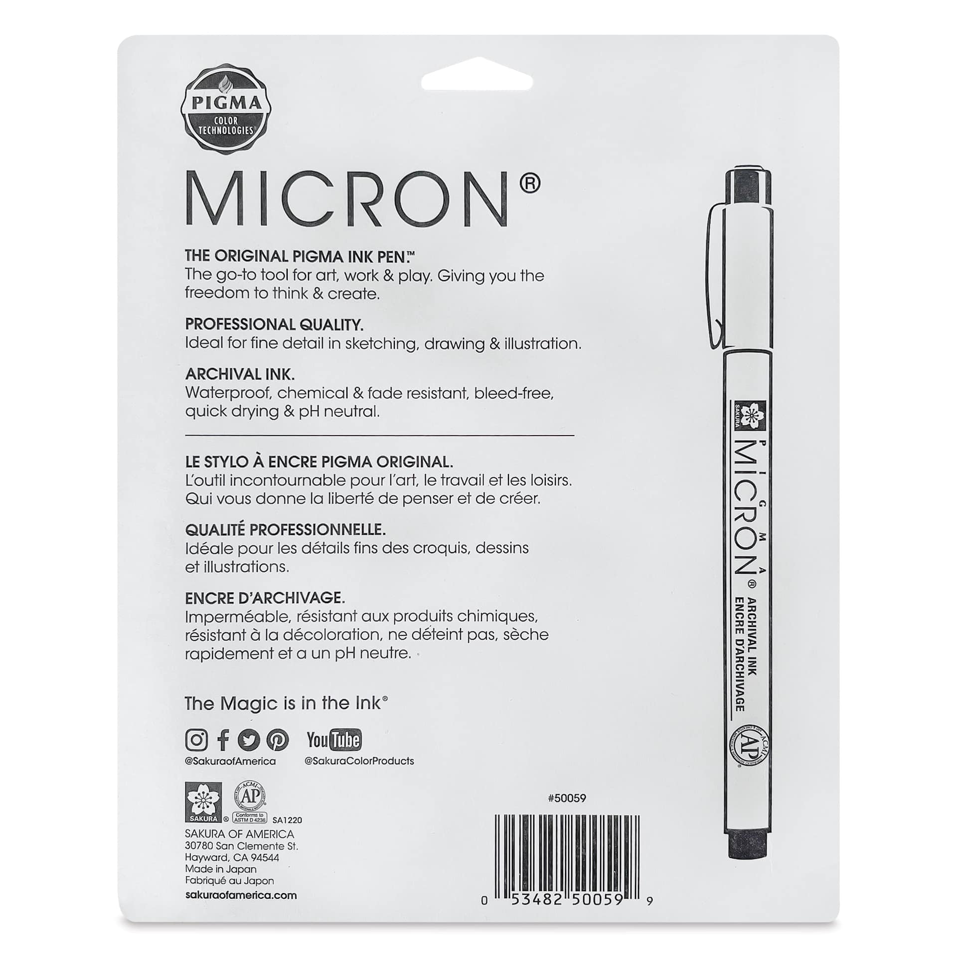 Sakura Pigma Micron Pens - Set of 10, Black, Fine and Bold Sizes, back of packaging