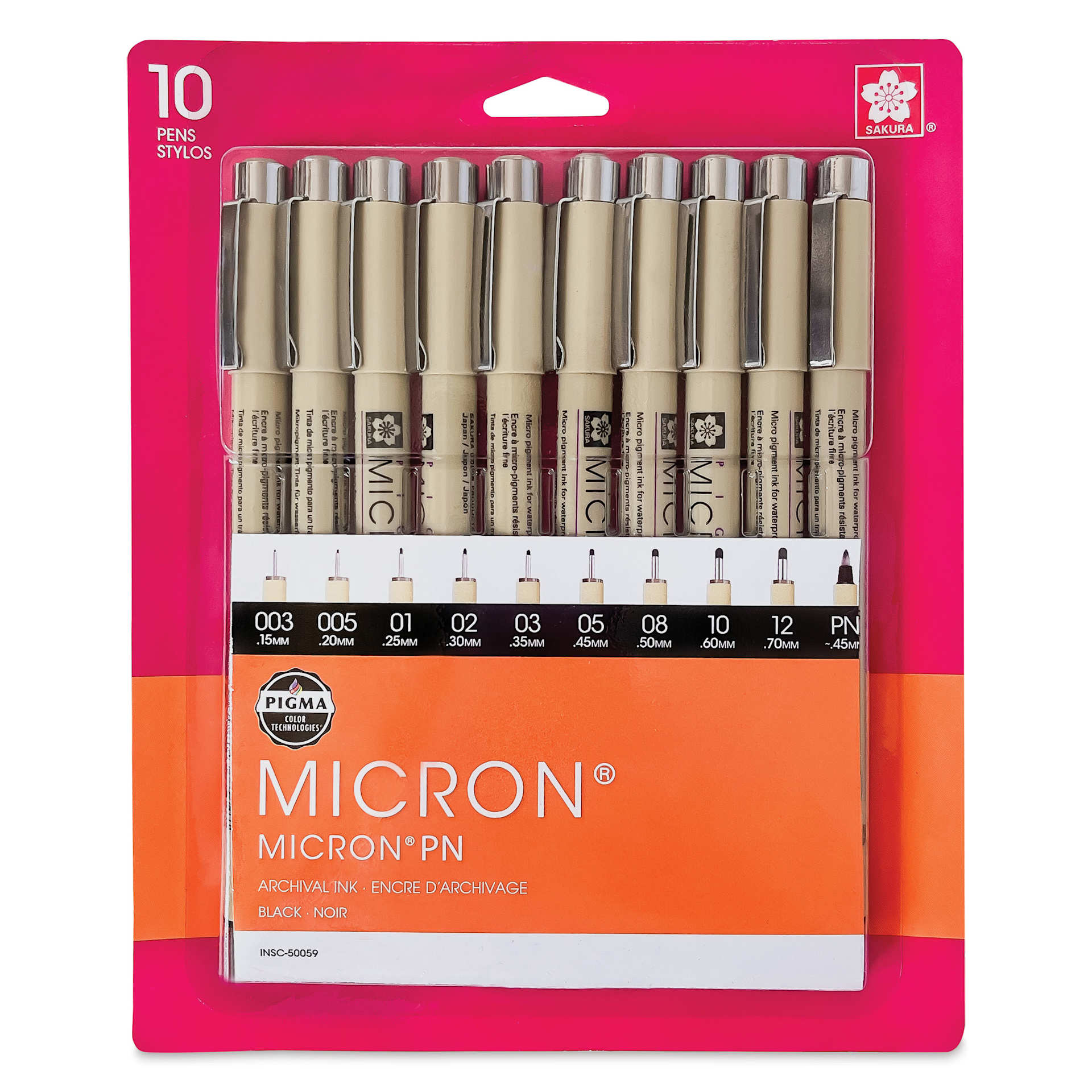 Sakura Pigma Micron Pens - Set of 10, Black, Fine and Bold Sizes, packaging