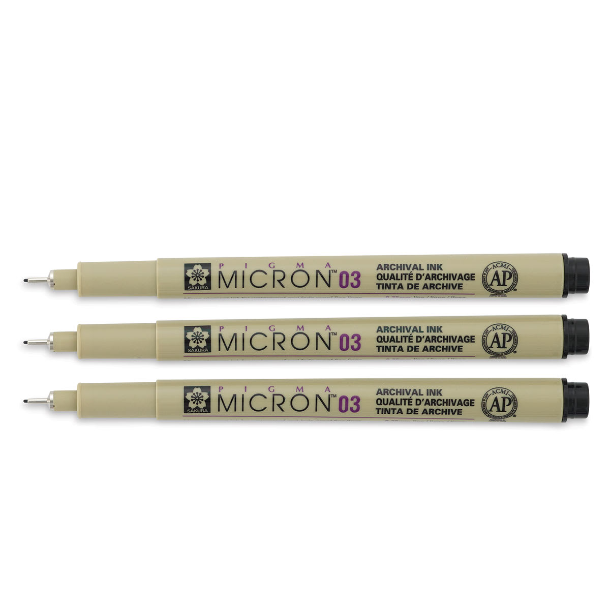 Sakura Pigma Micron Pens - Set of 3, Black, 03, caps off