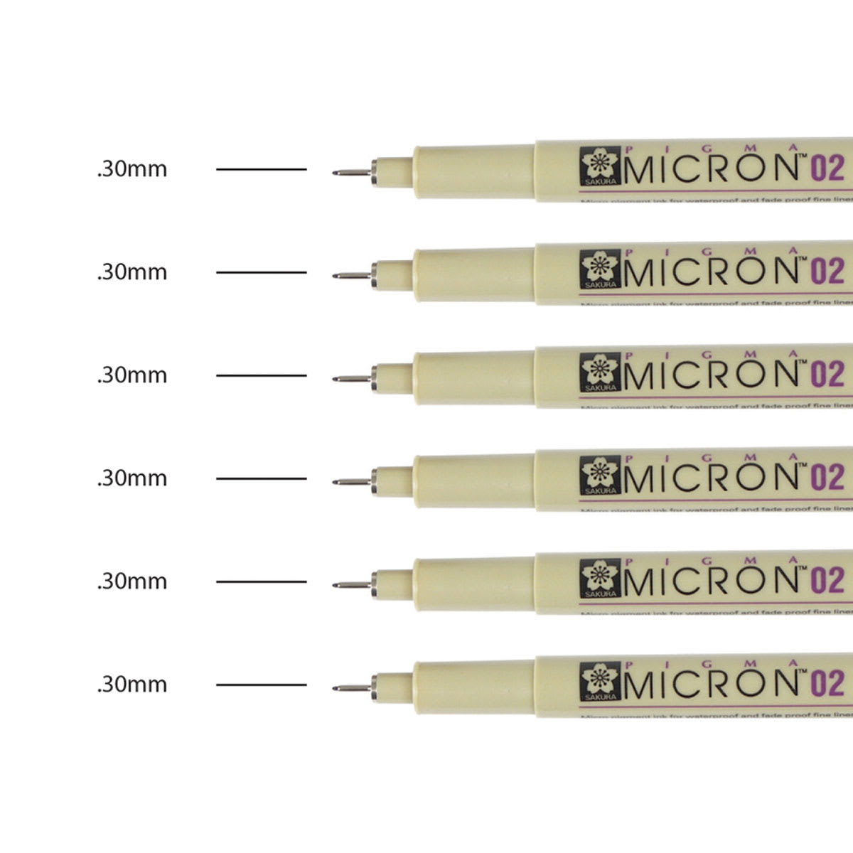 Sakura Pigma Micron Pens - Set of 6, Black, 02 (pens with color swatch)