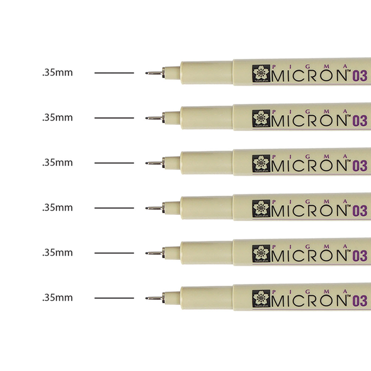 Sakura Pigma Micron Pens - Set of 6, Black, 03 (pens with color swatch)