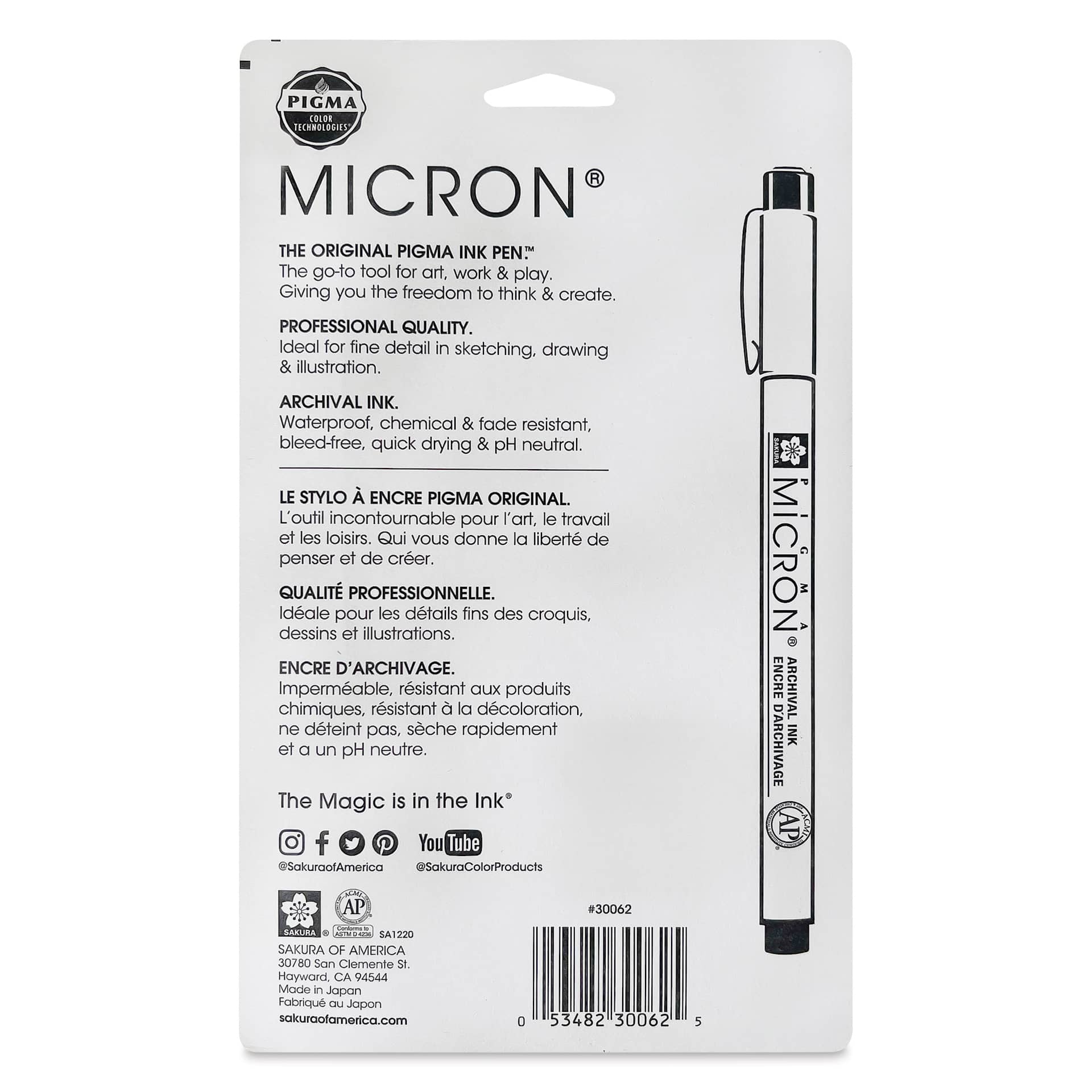 Sakura Pigma Micron Pens - Set of 6, Black, Extra Fine and Fine Sizes, back of packaging