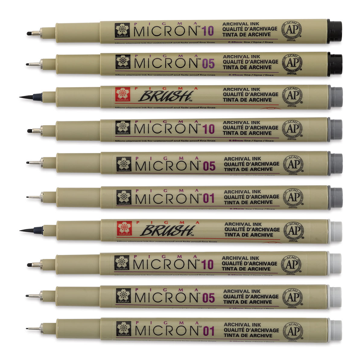 Sakura Pigma Brush Pens - Grays and Black, Brush and Micron, Set of 10 out of package