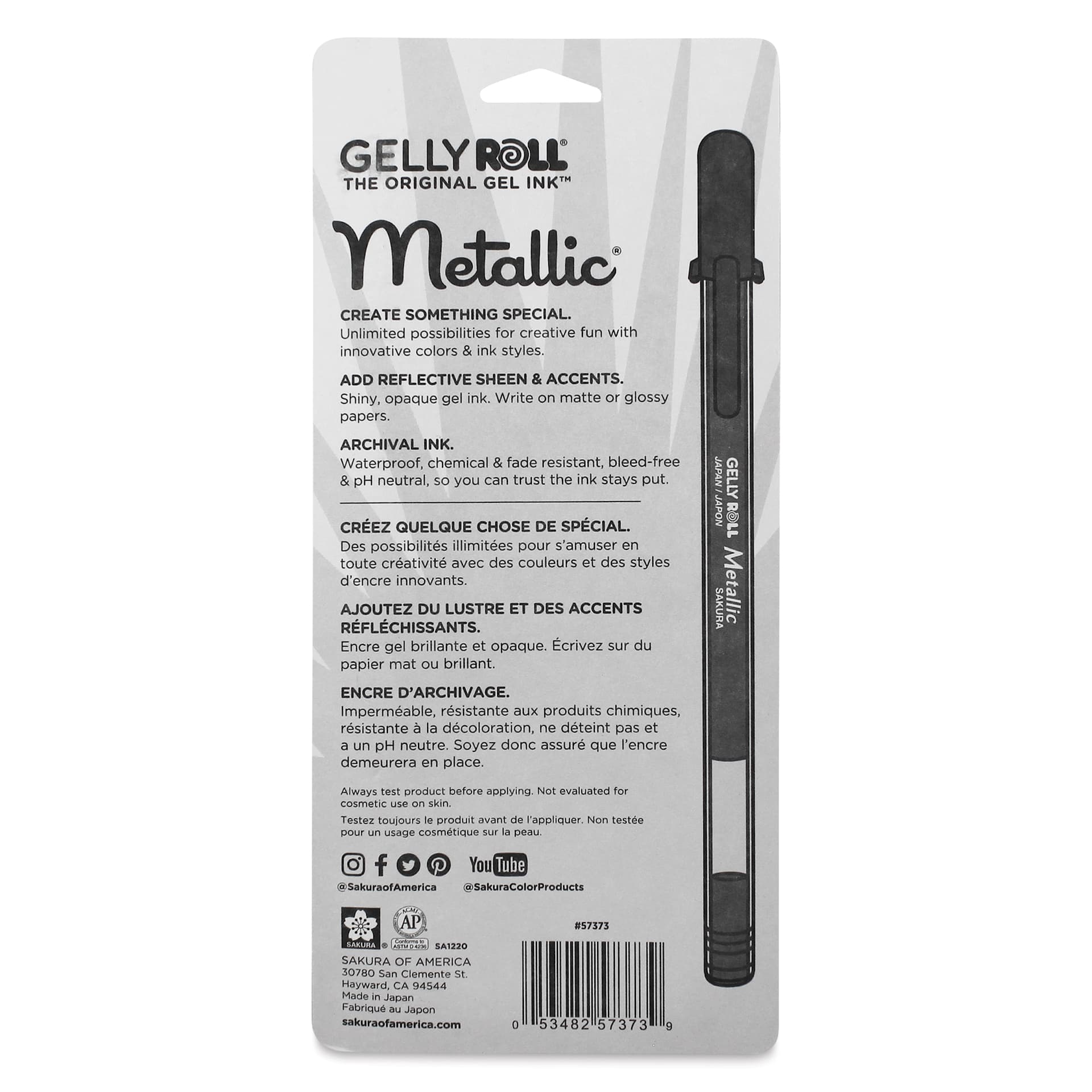 Sakura Gelly Roll Pens - Hot Metallic Colors, Medium Tip, Set of 5, back of packaging