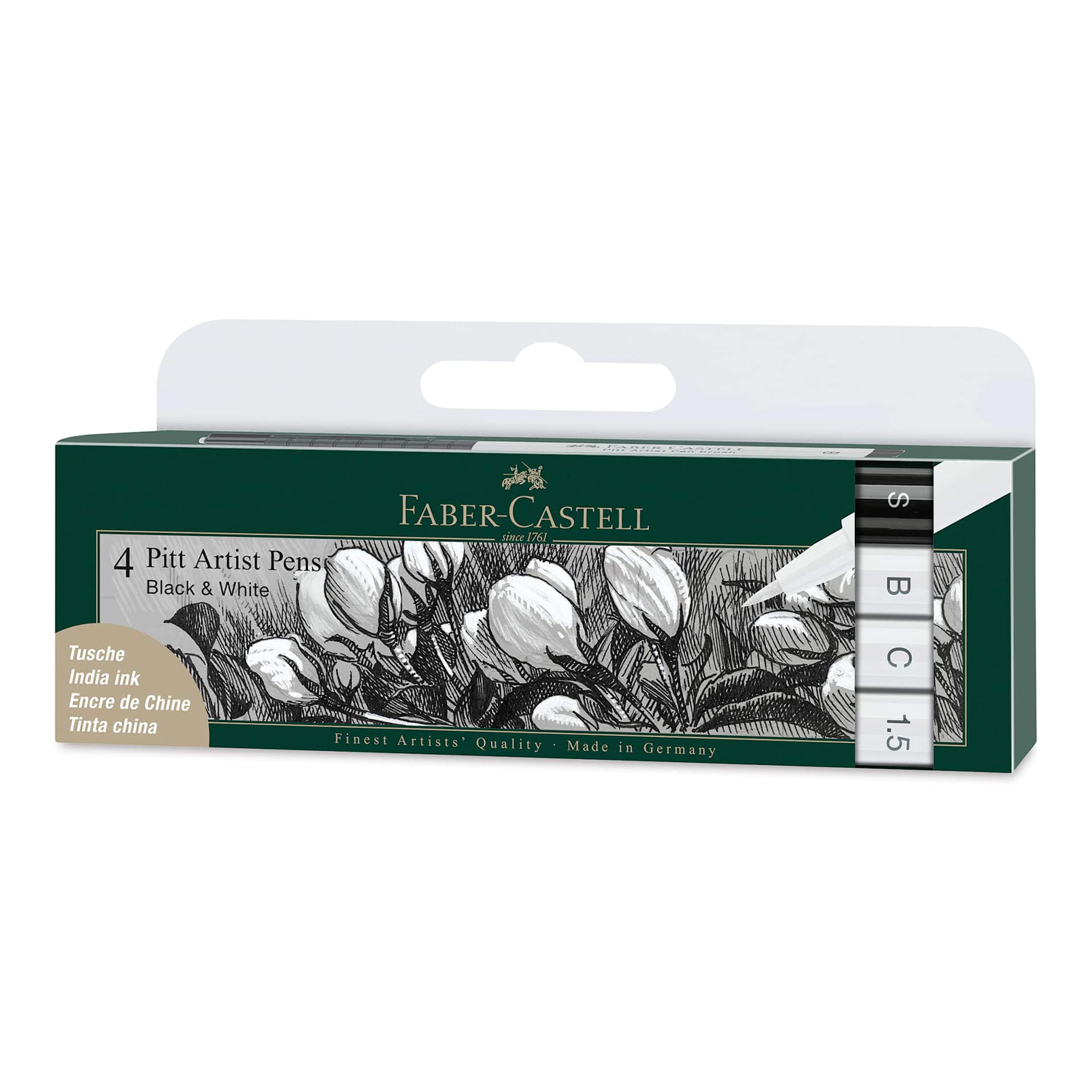 Faber-Castell Pitt Artist Pens - White and Black, Set of 4, Assorted Nibs
