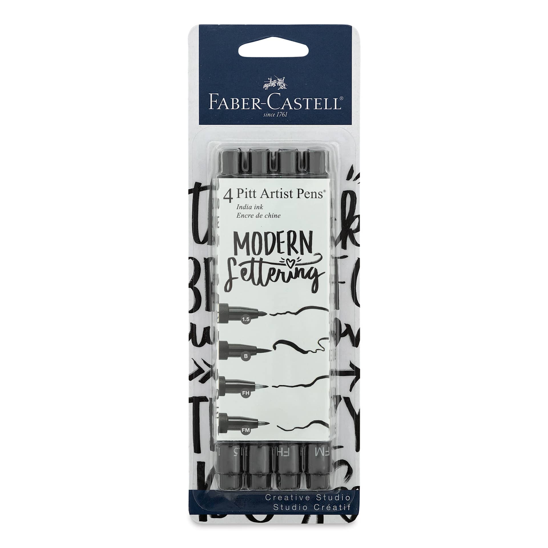Faber-Castell Pitt Artist Pens - Modern Lettering Set, Black, Set of 4, Assorted Nibs front of packaging