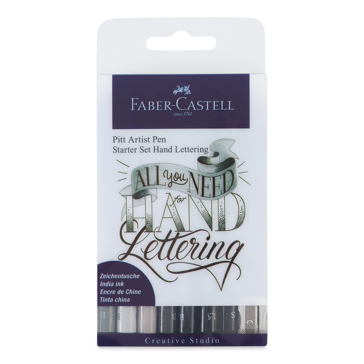 Faber-Castell Pitt Artist Pen Set - All You Need Lettering Set, Set of 9 (front of package) Faber-Castell Pitt Artist Pen Set - All You Need Lettering Set, Set of 9 (front of package)