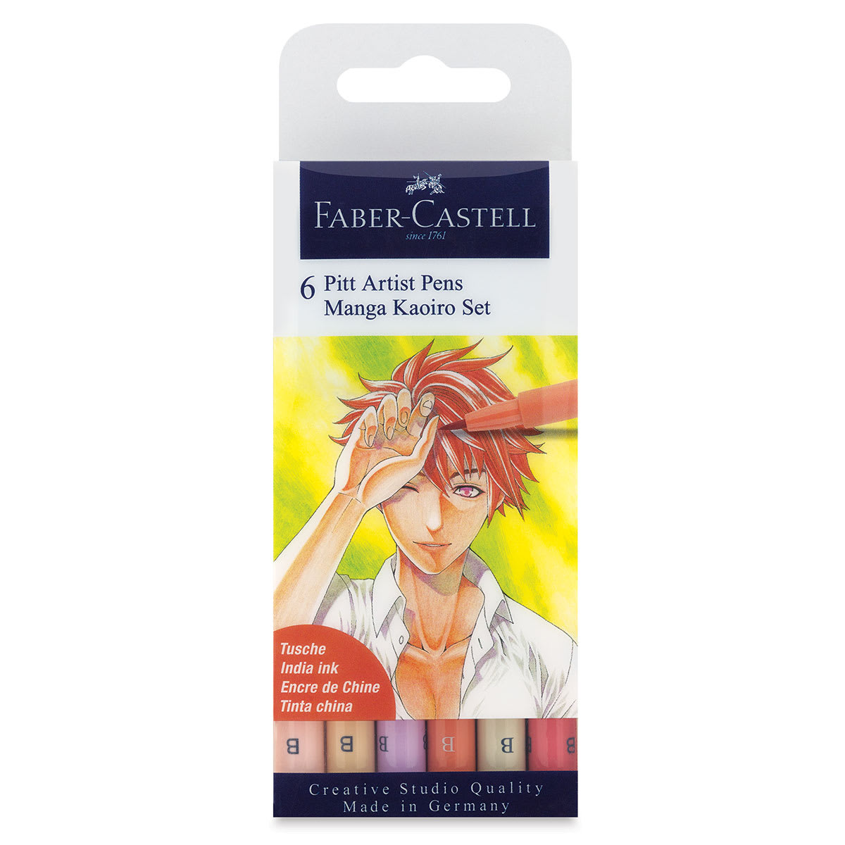 Faber-Castell Pitt Artist Pens Manga Set - Kaorio, Set of 6 front of package Faber-Castell Pitt Artist Pens Manga Set - Kaorio, Set of 6 front of package