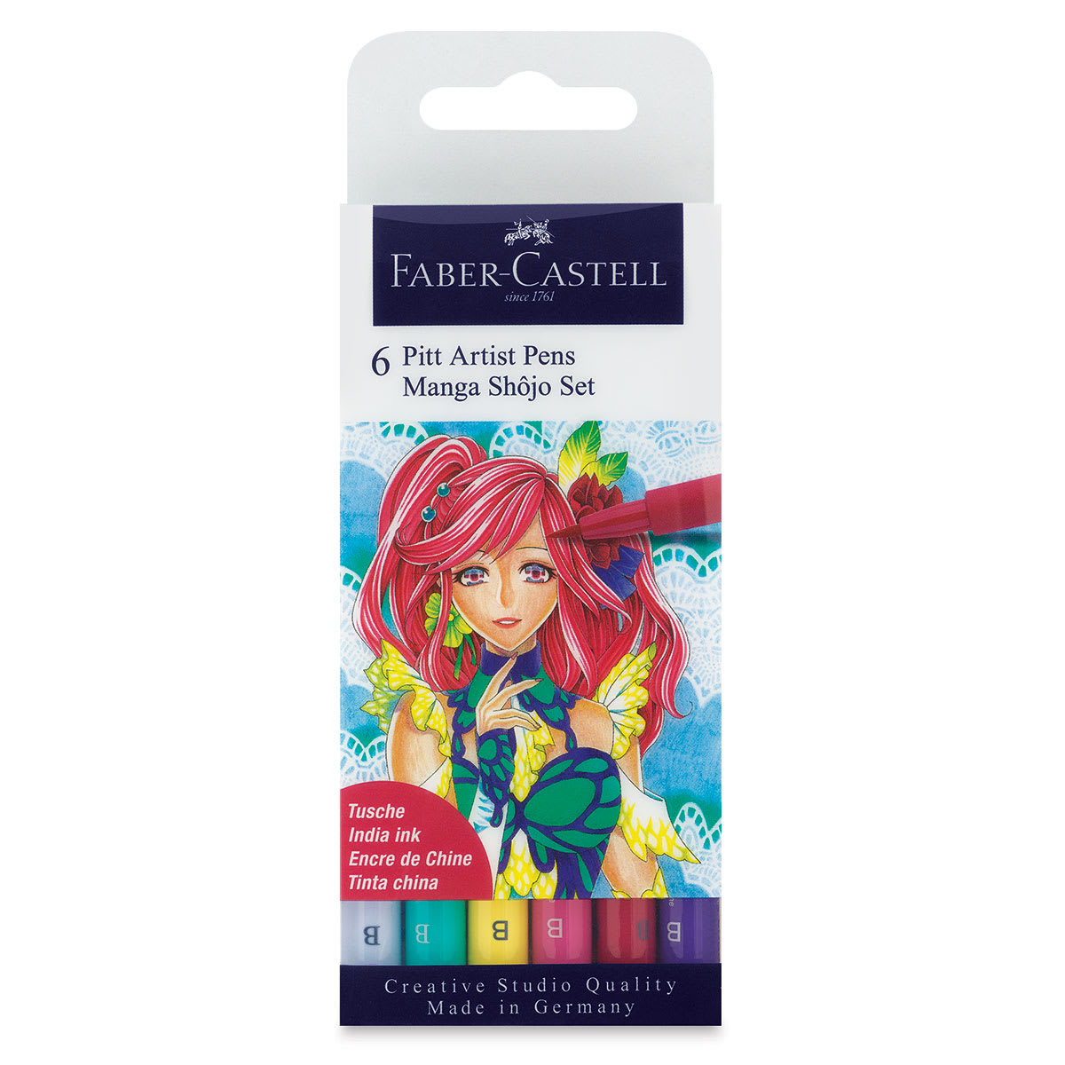 Faber-Castell Pitt Artist Pens Manga Set - Shojo, Set of 6 front of package Faber-Castell Pitt Artist Pens Manga Set - Shojo, Set of 6 front of package