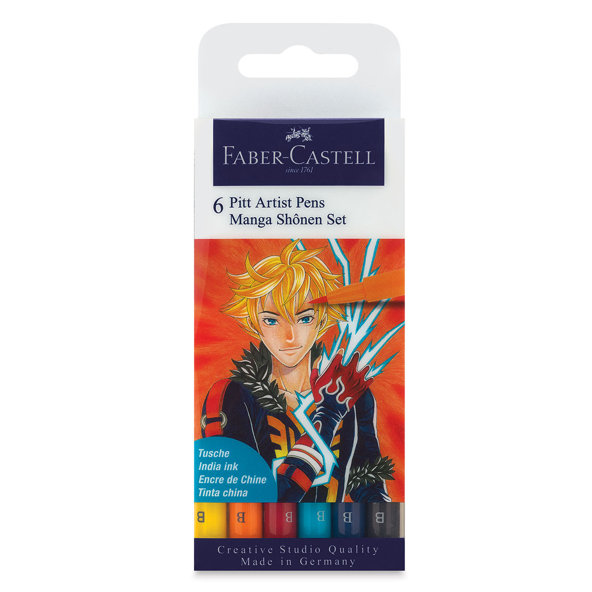 Faber-Castell Pitt Artist Pens Manga Set - Shonen, Set of 6 front of package Faber-Castell Pitt Artist Pens Manga Set - Shonen, Set of 6 front of package