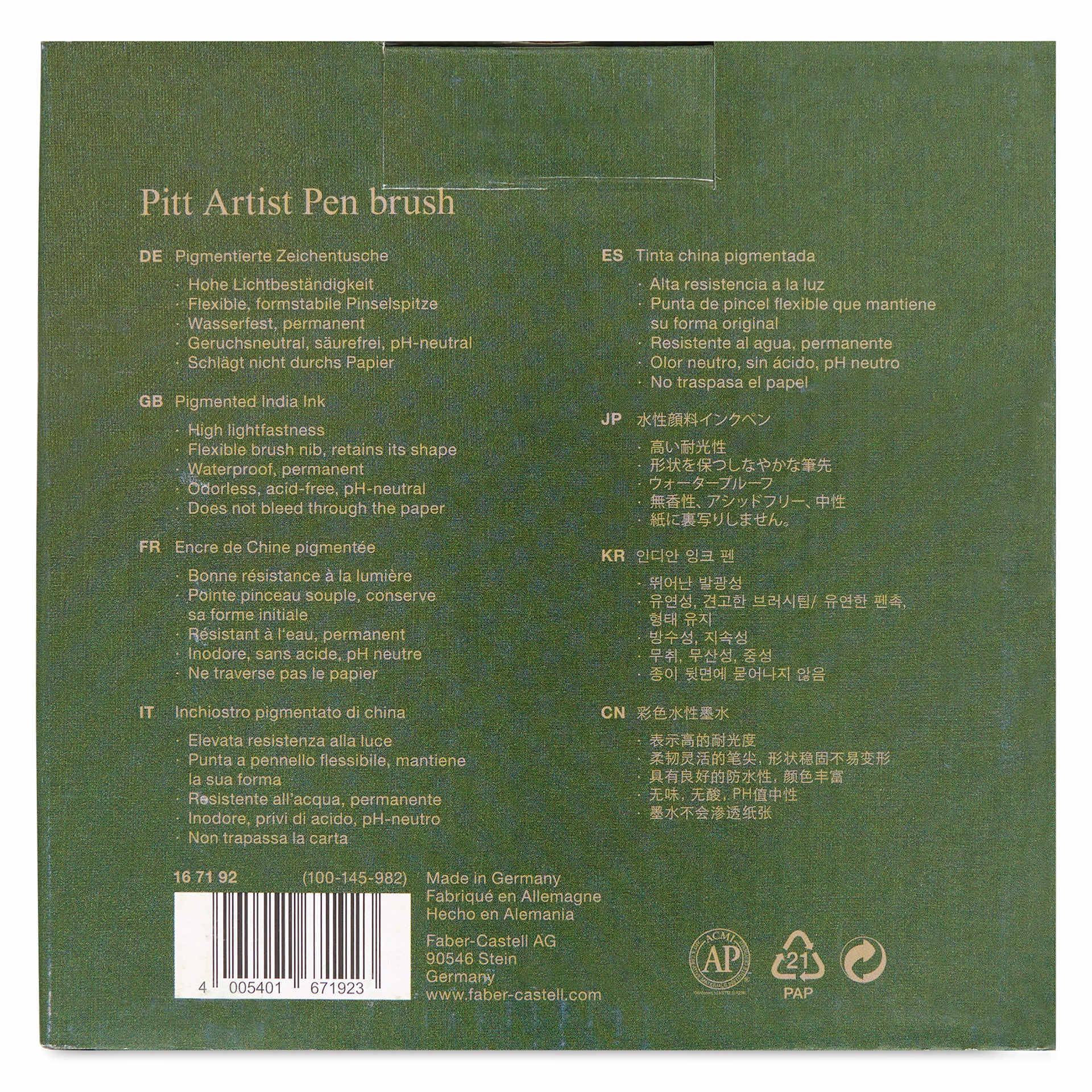 Faber-Castell Pitt Artist Pens - Studio Gift Box, Set of 48, back of the packaging