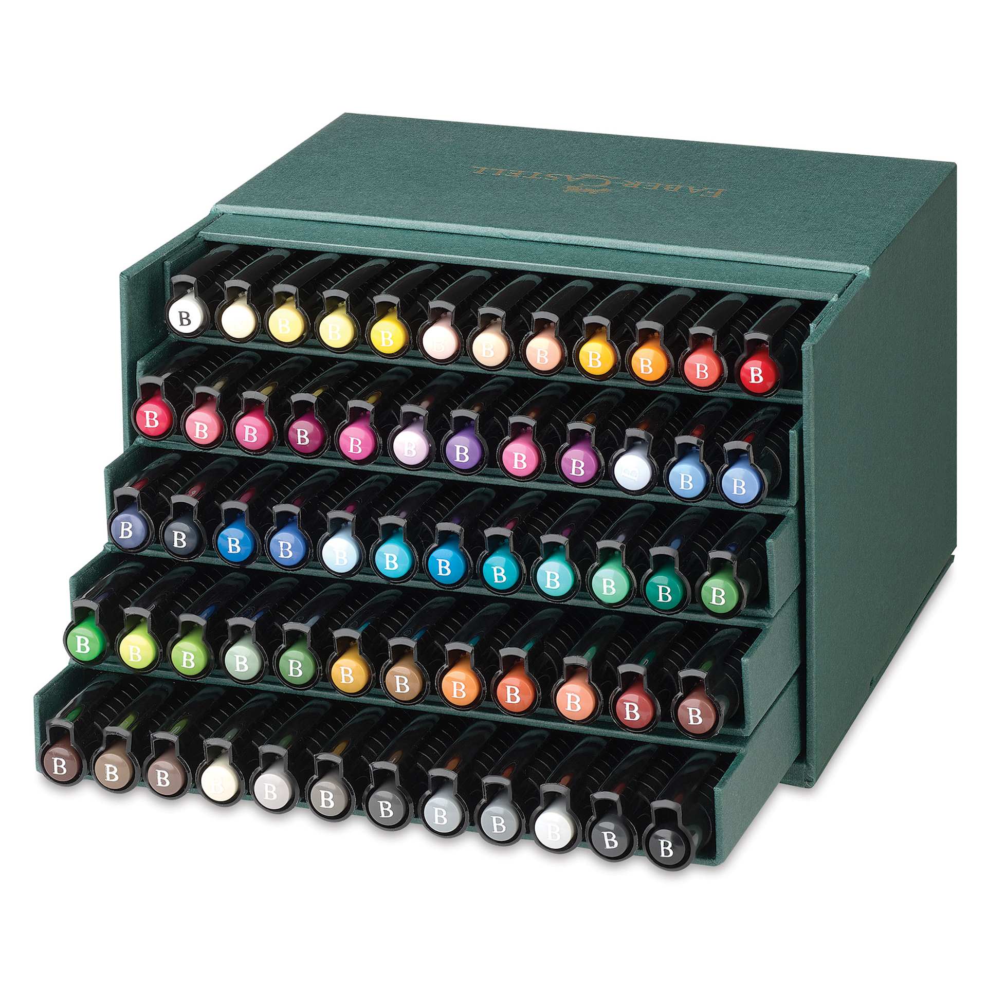 Faber-Castell Pitt Artist Pens - Studio Gift Box, Set of 60, lid open showing marker caps Faber-Castell Pitt Artist Pens - Studio Gift Box, Set of 60, lid open showing marker caps