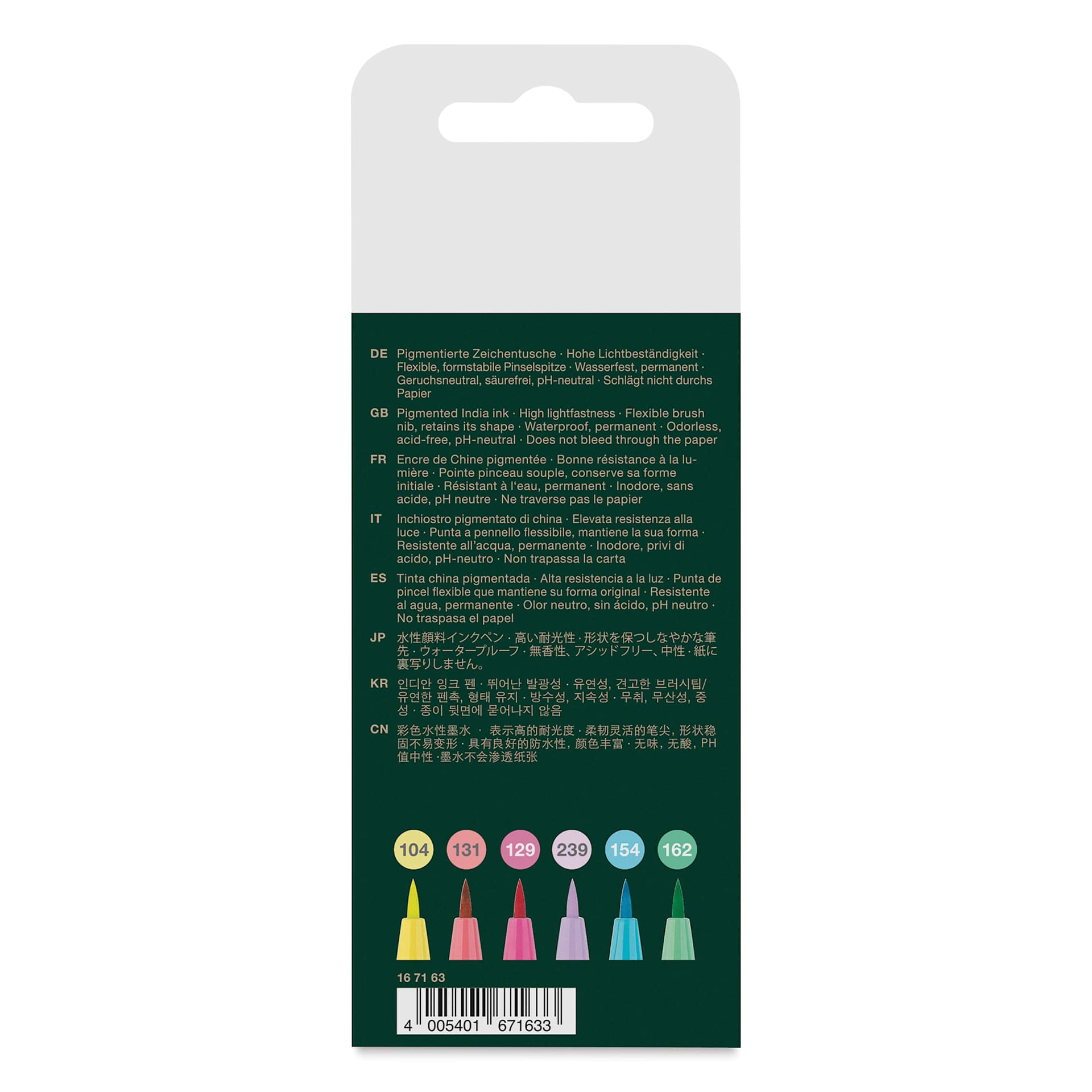 Faber-Castell Pitt Artist Pens - Set of 6, Pastel Colors, Brush Nib, back of packaging