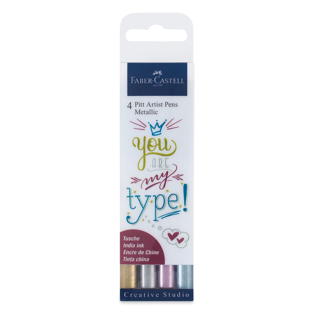 Faber-Castell Pitt Artist Pens - You Are my Type Lettering Set, Metallic, Set of 4 (front of package) Faber-Castell Pitt Artist Pens - You Are my Type Lettering Set, Metallic, Set of 4 (front of package)