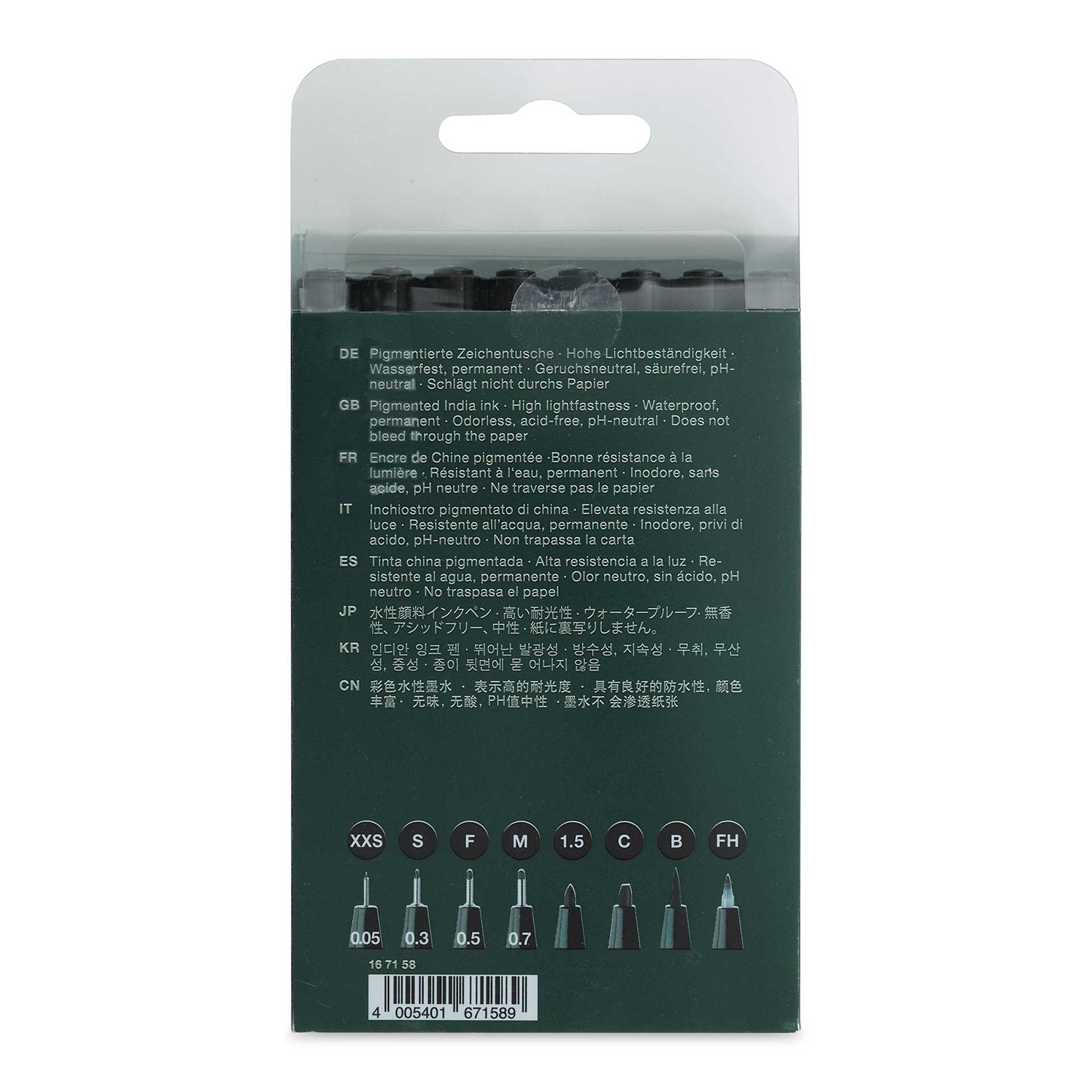Faber-Castell Pitt Artist Pens- Black, Set of 8, Assorted Nibs (back of package)