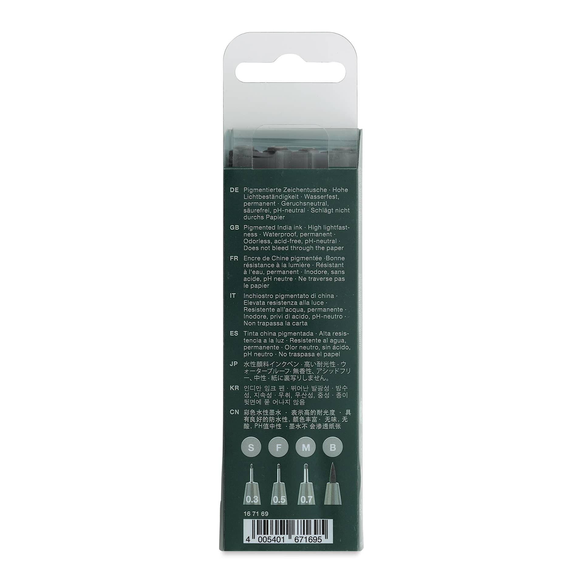 Faber-Castell Pitt Artist Pens- Warm Grey IV, Set of 4, Assorted Nibs (back of package)