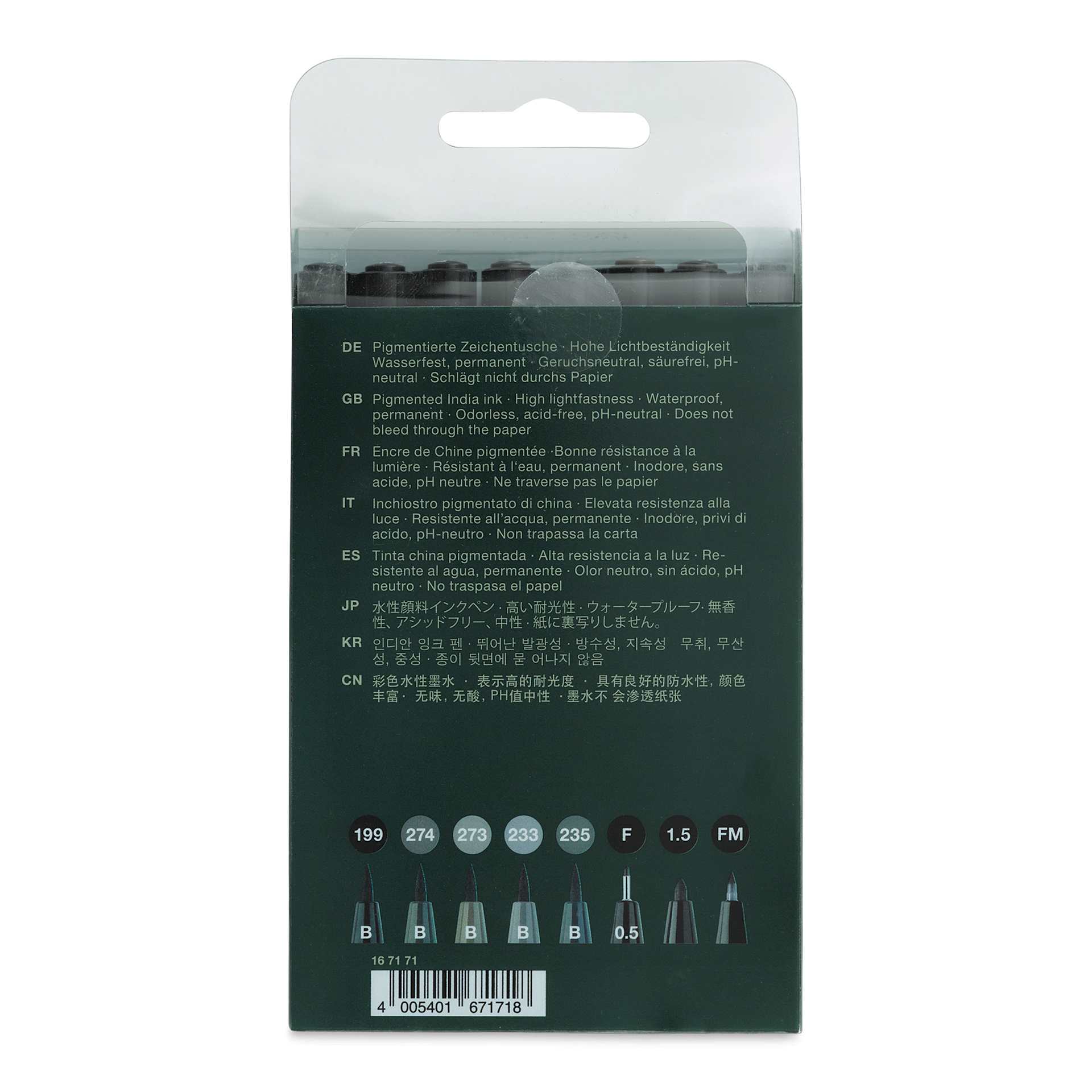 Faber-Castell Pitt Artist Pens- Black and Gray, Set of 8, Assorted (back of package)