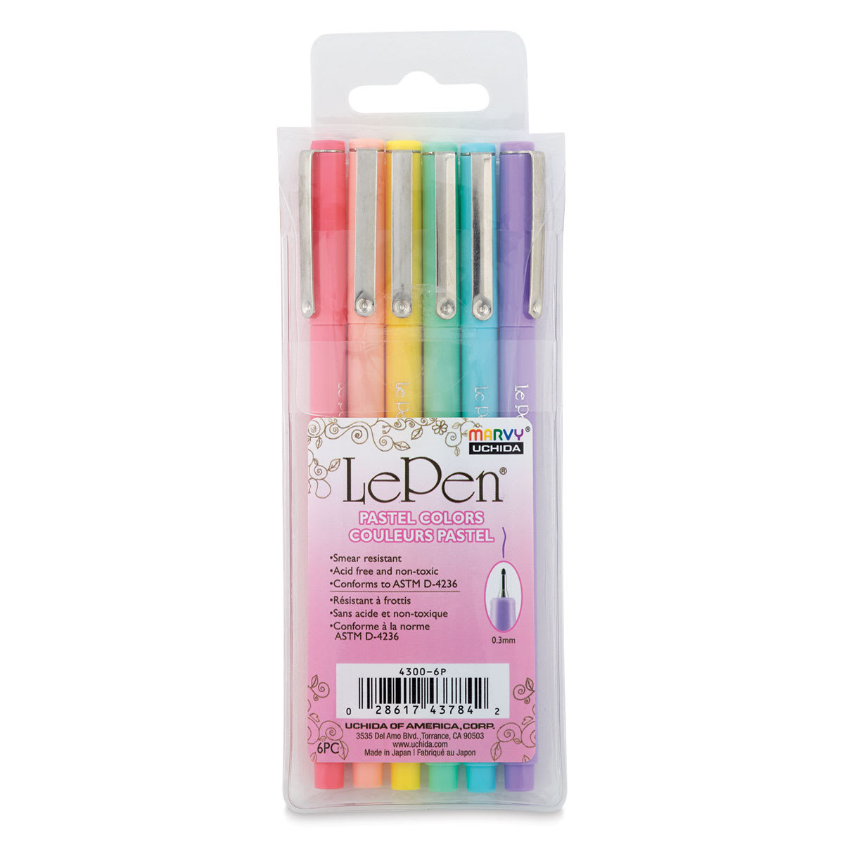Marvy Uchida LePen Fine Line Marker Set - Pastel Colors, Set of 6, front of the packaging