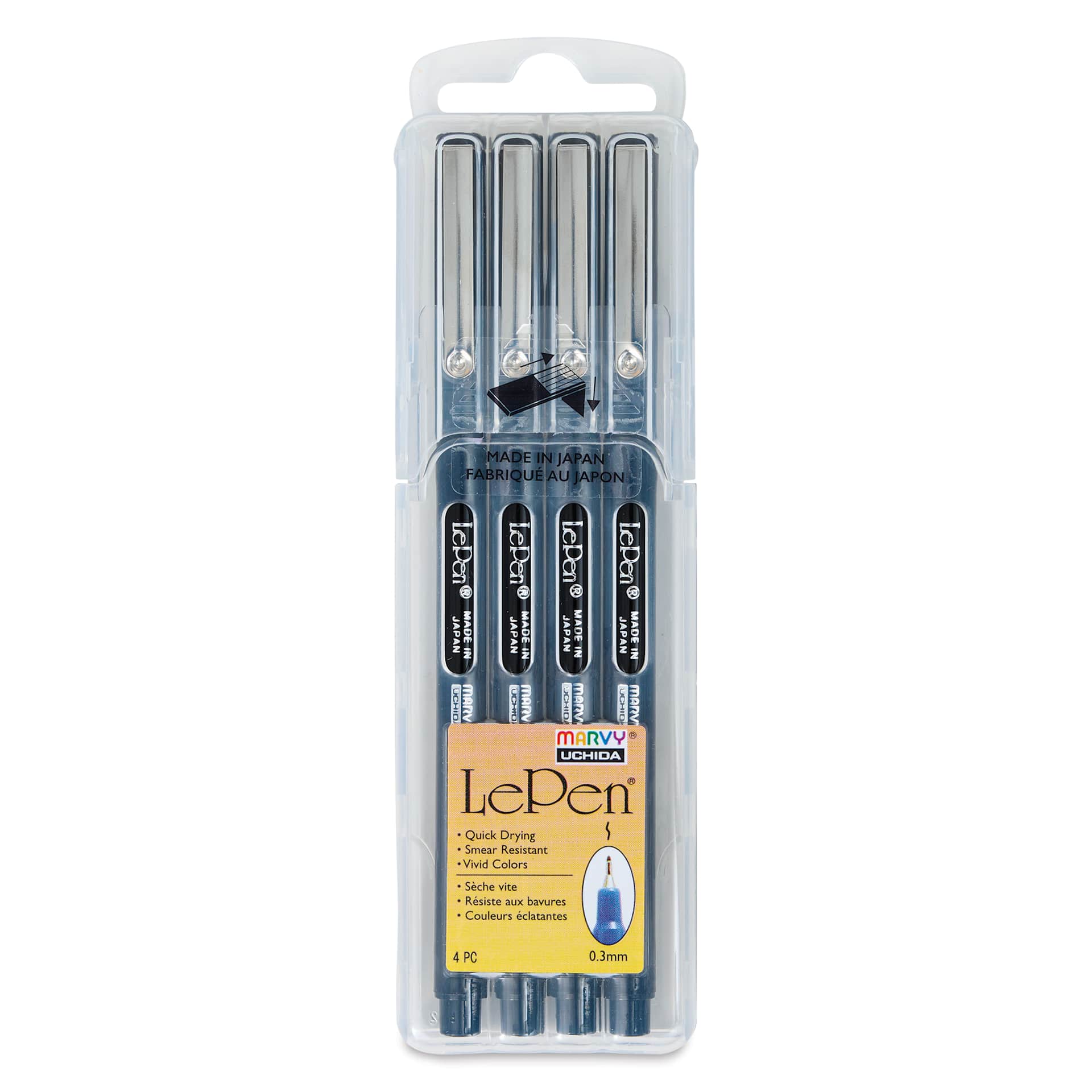 Marvy Uchida LePen Fine Line Marker Set  - Blacks, Set of 4, front of the packaging