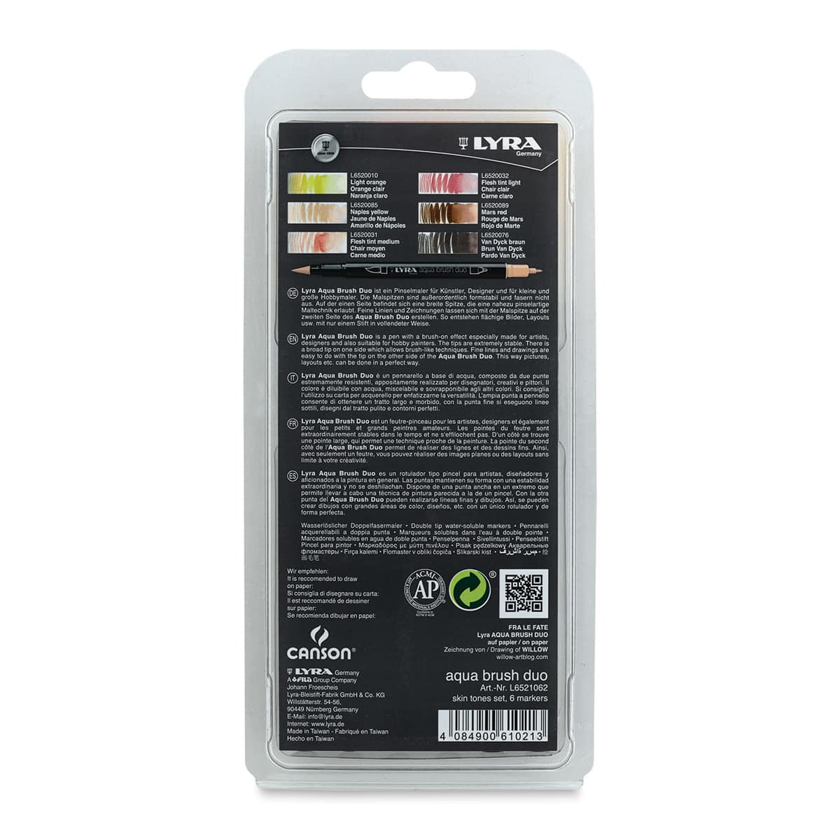 Lyra Aqua Brush Duo Markers - Skin Colors, Set of 6 (back of package)