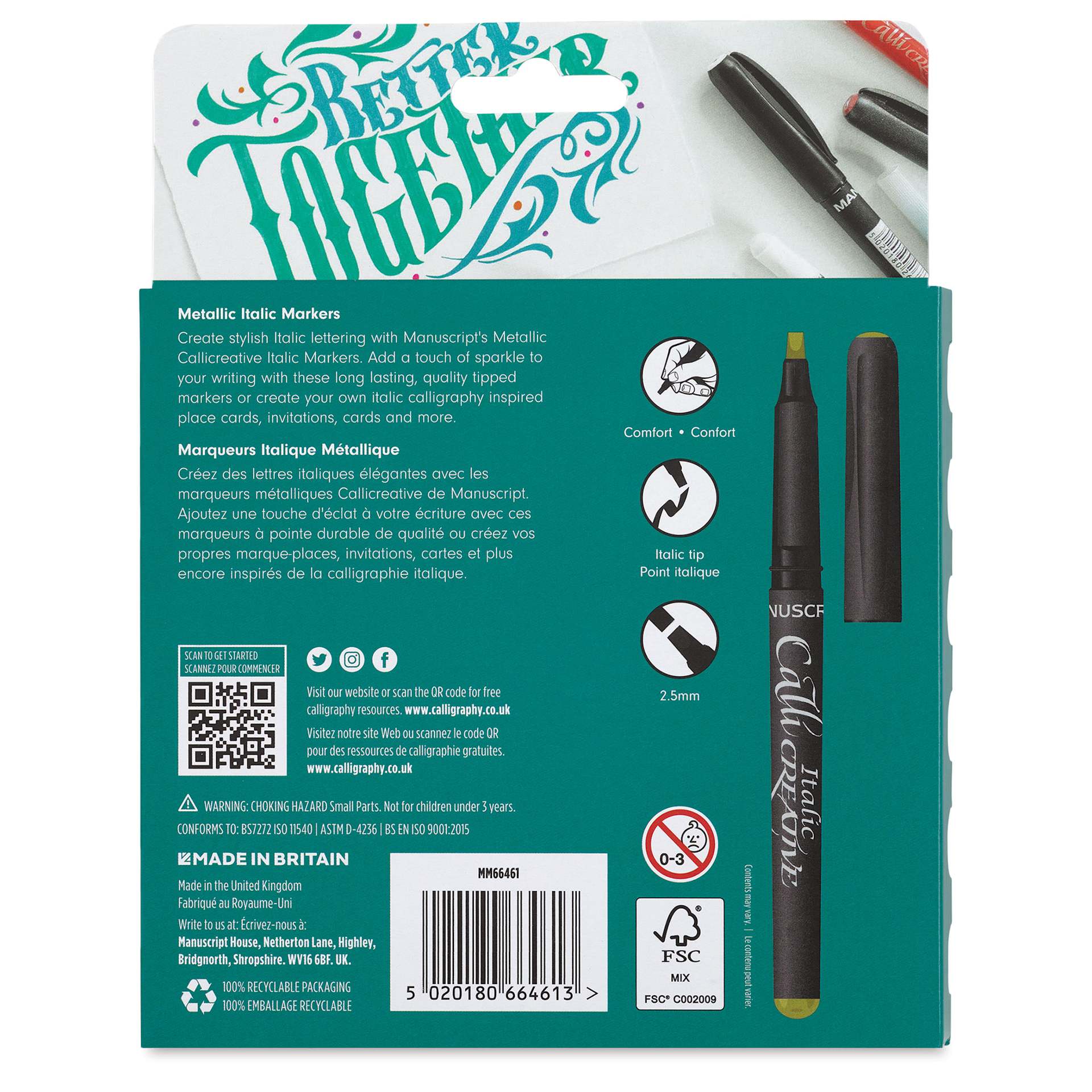 Manuscript CalliCreative Italic Marker - Metallic, Set of 6, back of the packaging