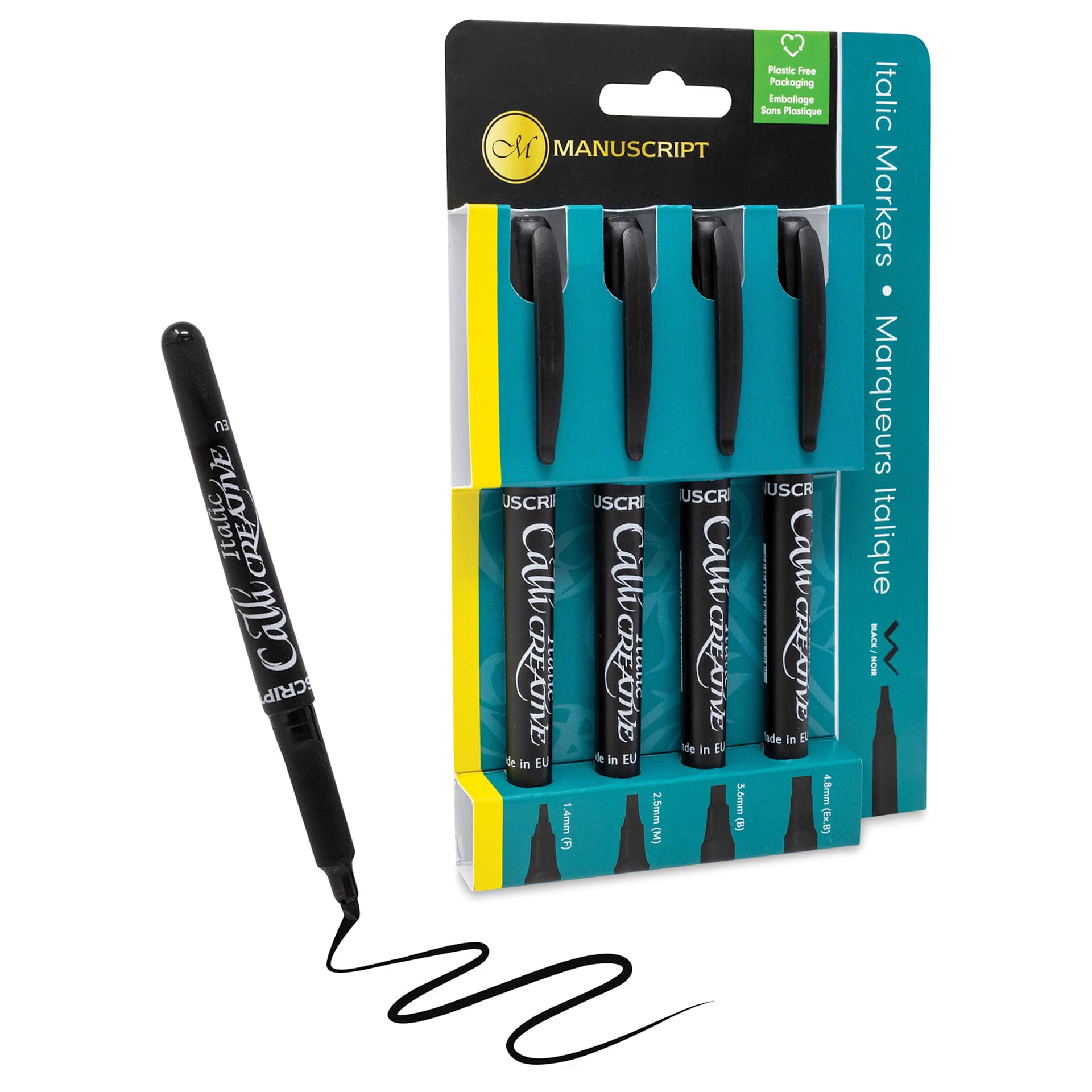Manuscript CalliCreative Italic Marker - Black, Pkg of 4, single marker showing stroke out of pack Manuscript CalliCreative Italic Marker - Black, Pkg of 4, single marker showing stroke out of pack