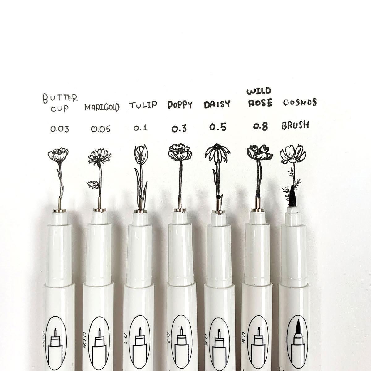 Marvy Uchida LePen Technical Drawing Pens with their sizes and a flower drawn using that size.