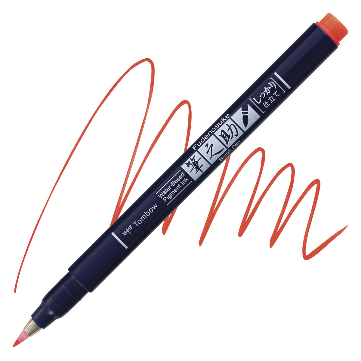 Tombow Fudenosuke Brush Pen - Red Neon, Hard Tip pen and swatch