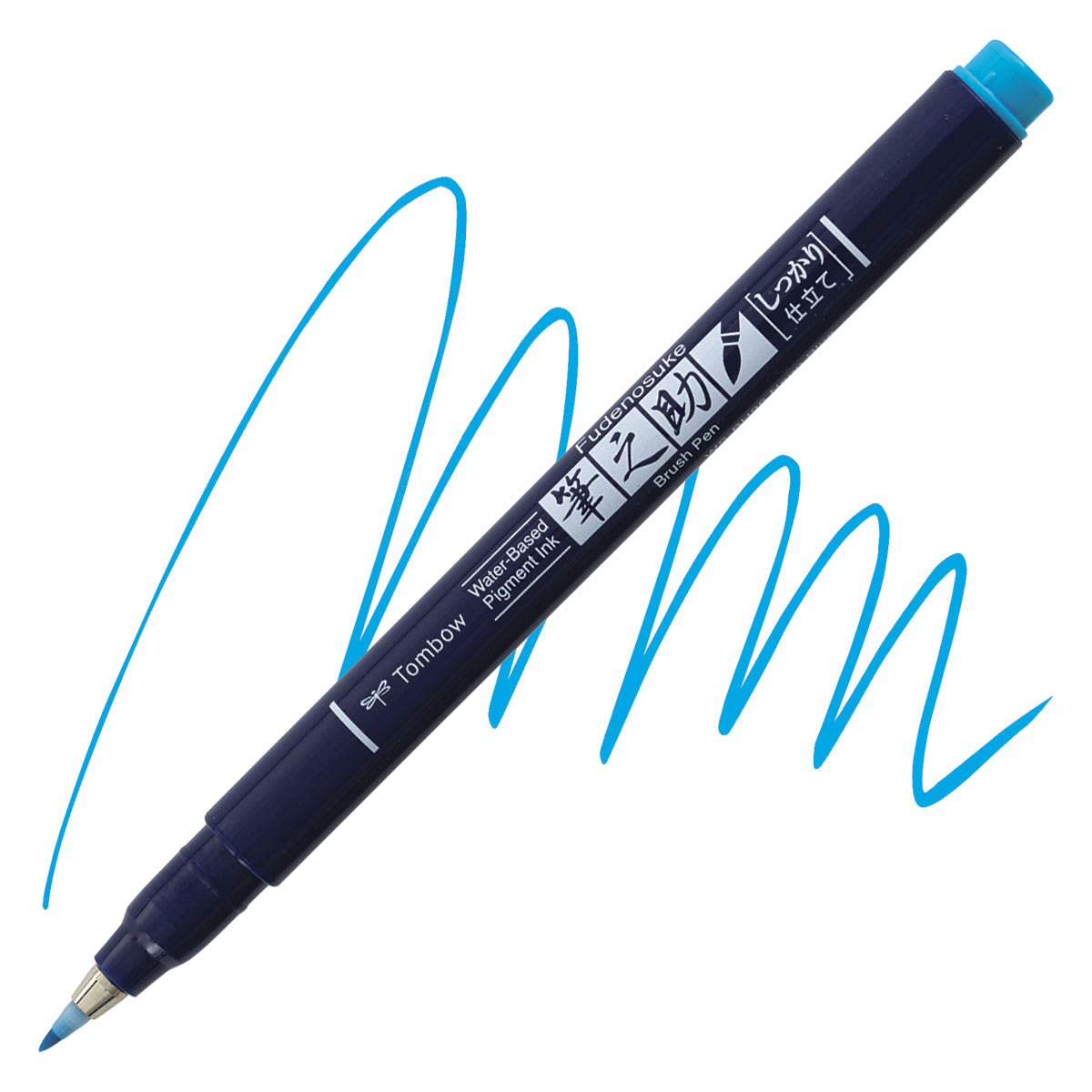 Tombow Fudenosuke Brush Pen - Blue Neon, Hard Tip pen and swatch