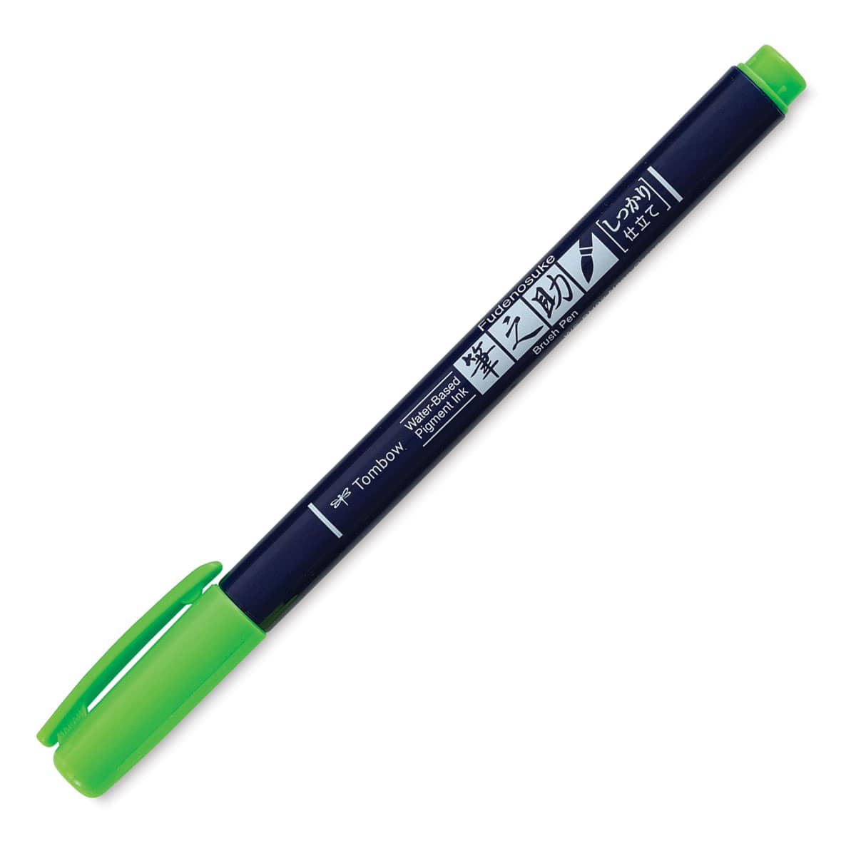 Tombow Fudenosuke Brush Pen - Green Neon, Hard Tip with cap on Tombow Fudenosuke Brush Pen - Green Neon, Hard Tip with cap on