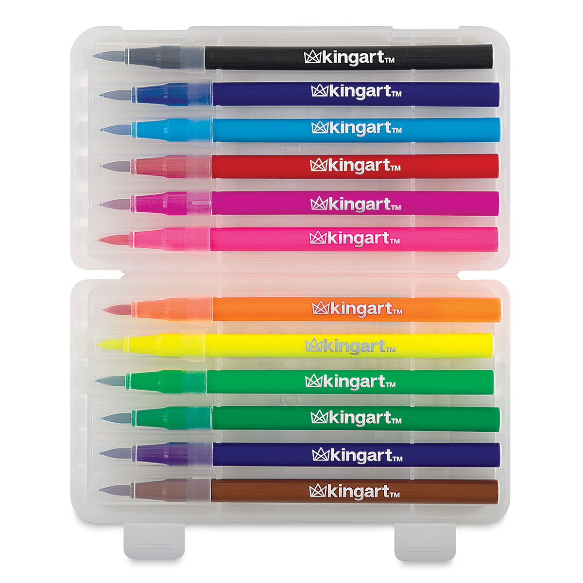 Kingart Watercolor Brush Marker Sets - 12 pc Package shown open with Markers in trays