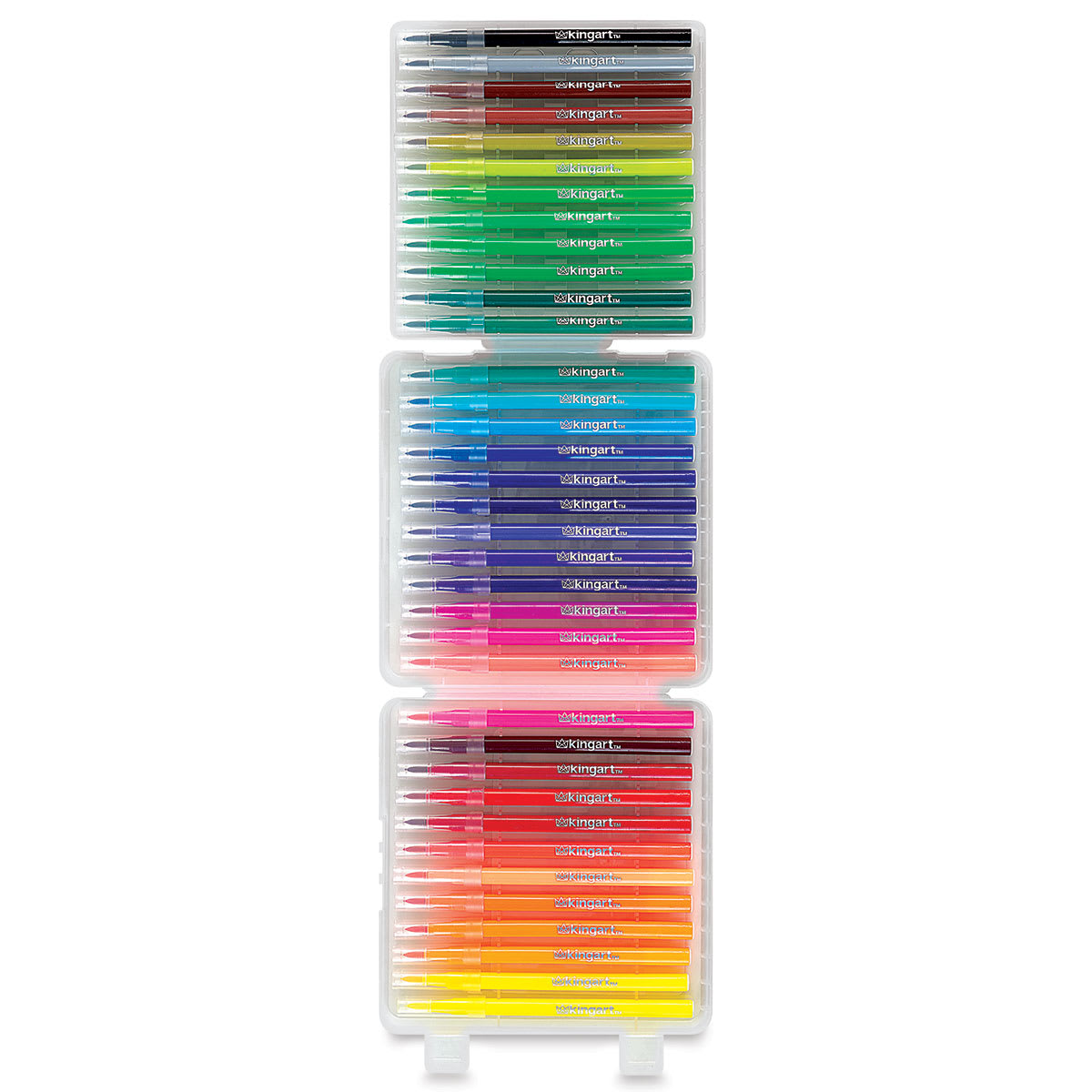 Kingart Watercolor Brush Marker Sets - 36 pc Package shown open with Markers in 3 trays