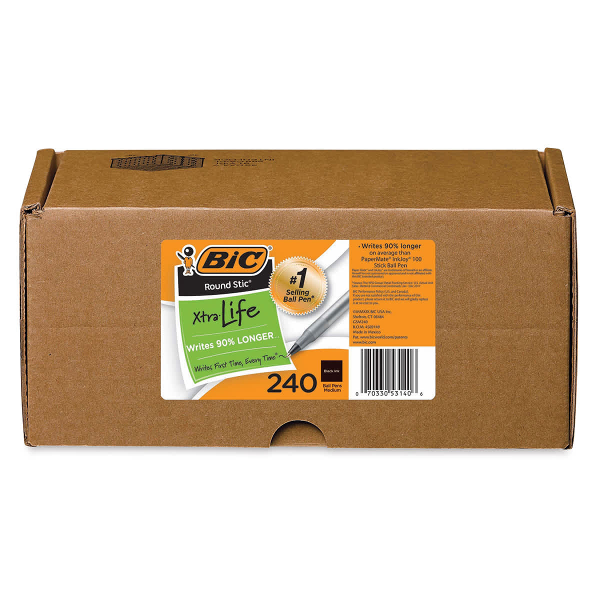 Bic Round Stic Extra Life Xtra Value Packs - Front of package of 240 Black pens

