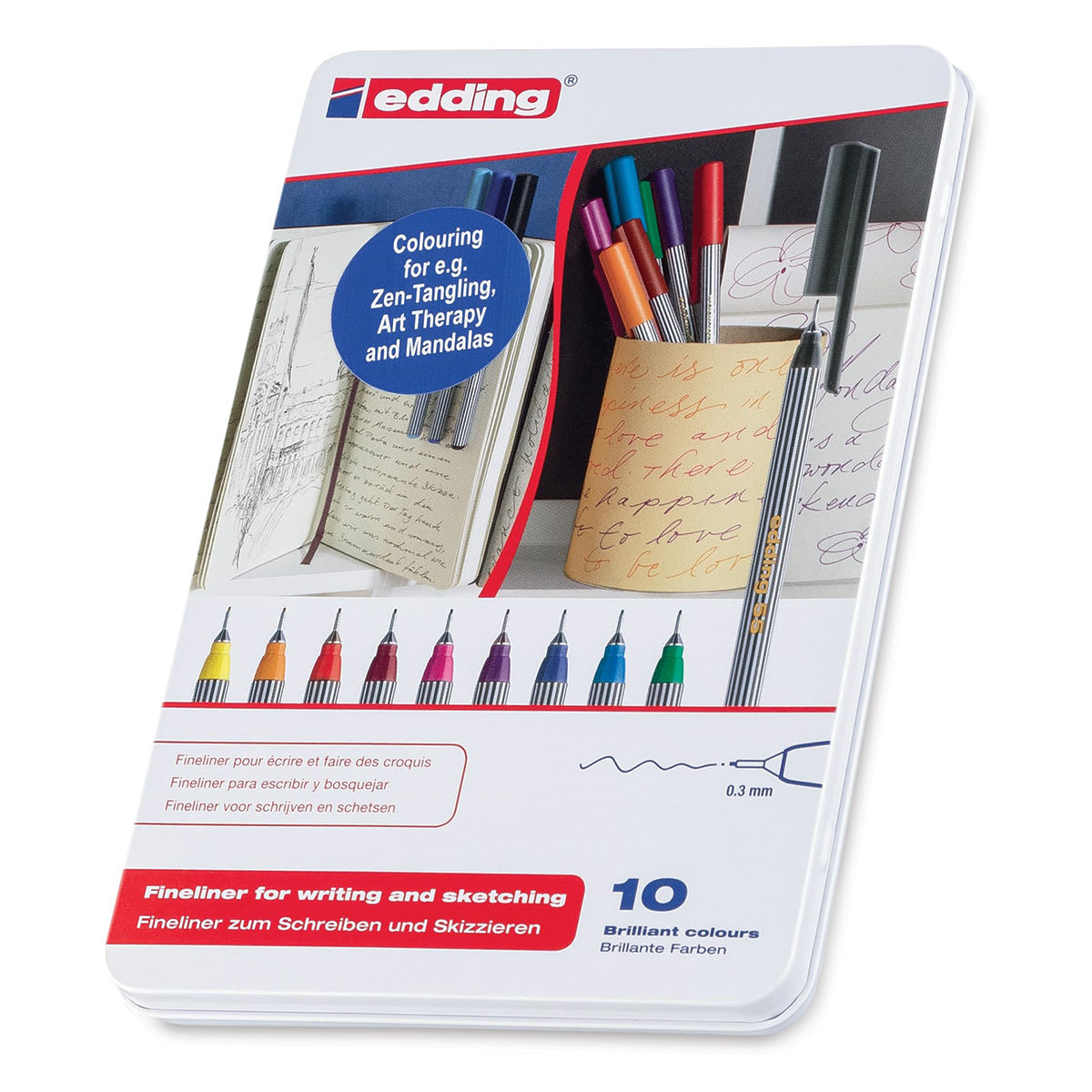 Edding 55 Fineliner Pens - Closed tin of Set of 10 shown Edding 55 Fineliner Pens - Closed tin of Set of 10 shown