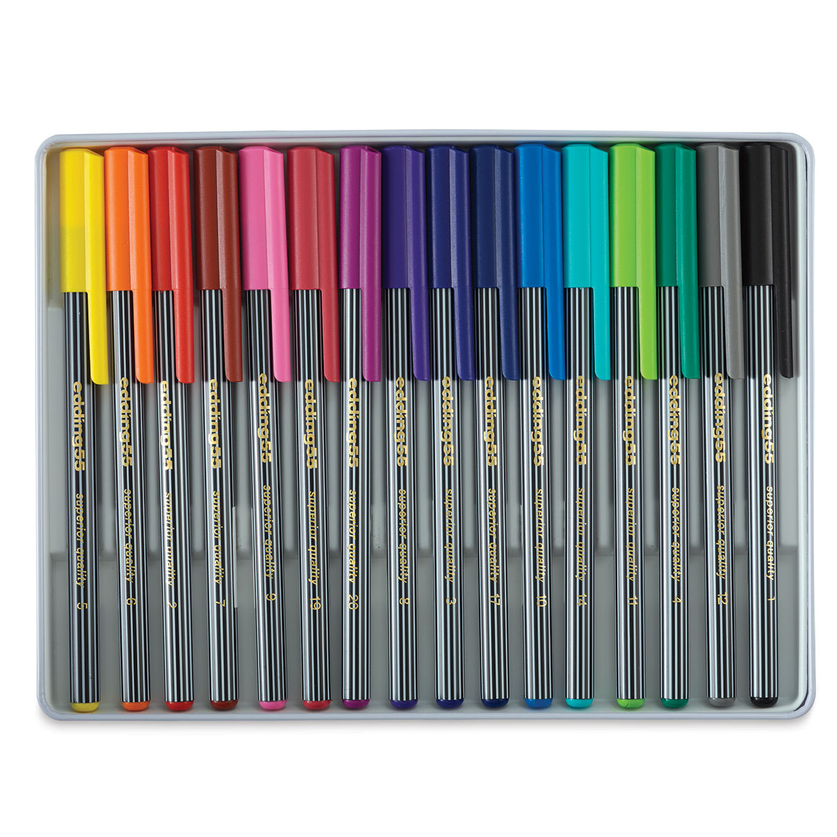 Edding 55 Fineliner Pens - Components of Set of 16 pens shown in storage tray Edding 55 Fineliner Pens - Components of Set of 16 pens shown in storage tray