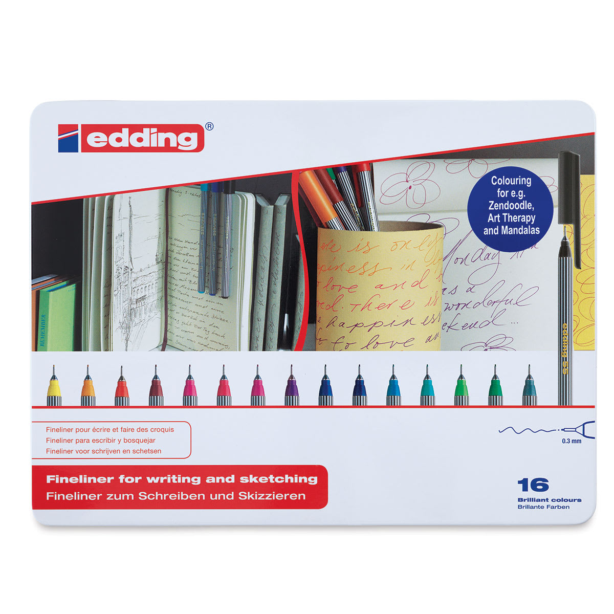 Edding 55 Fineliner Pens - Top view of Closed tin of Set of 16 Edding 55 Fineliner Pens - Top view of Closed tin of Set of 16