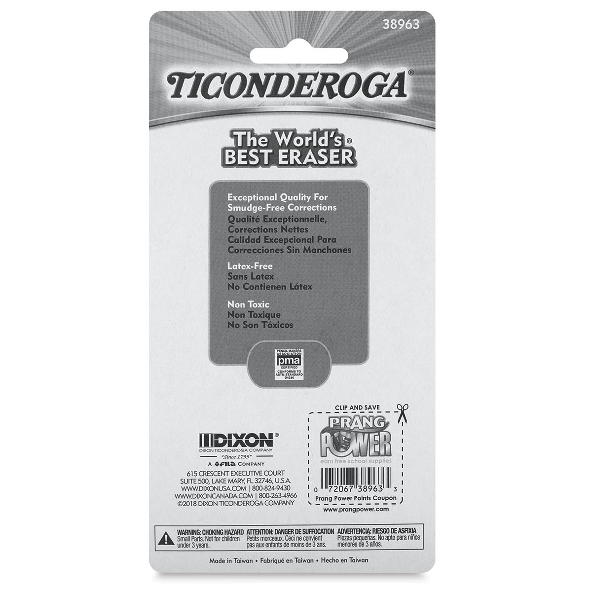 Ticonderoga Neon Pencil Shaped Erasers - Pkg of 3 (Back of package)