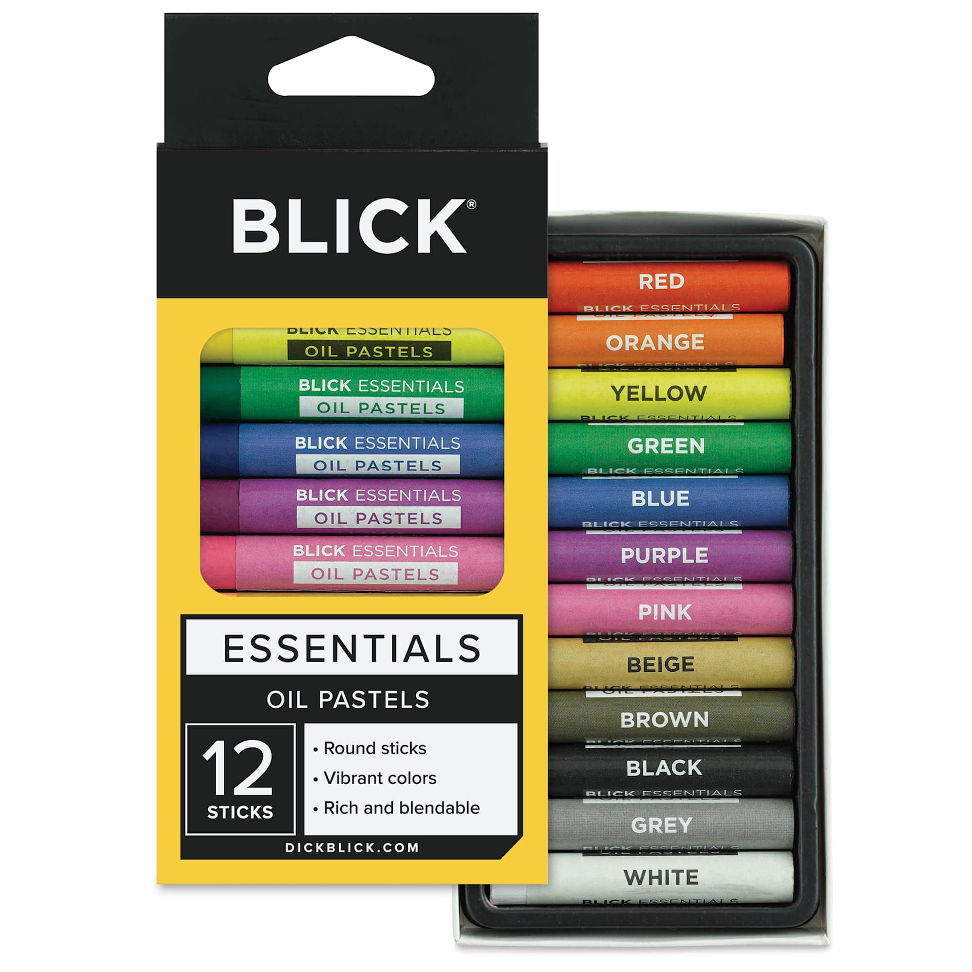 Blick Essentials Oil Pastel Sets - Set of 12, contents in and out of packaging