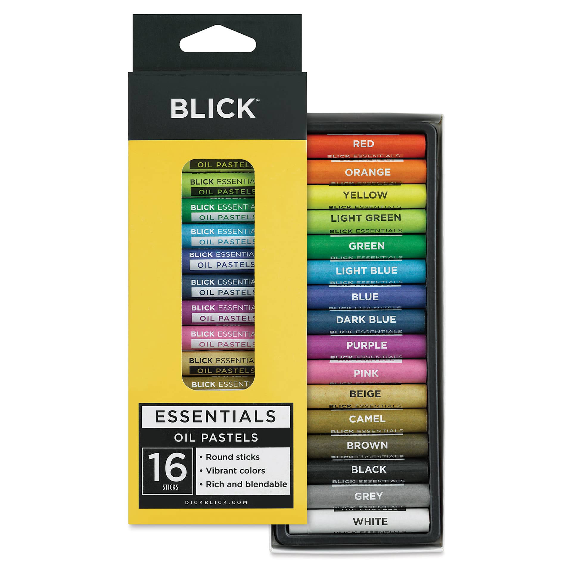 Blick Essentials Oil Pastel Sets - Set of 16 (front of packaging and contents) Blick Essentials Oil Pastel Sets - Set of 16 (front of packaging and contents)