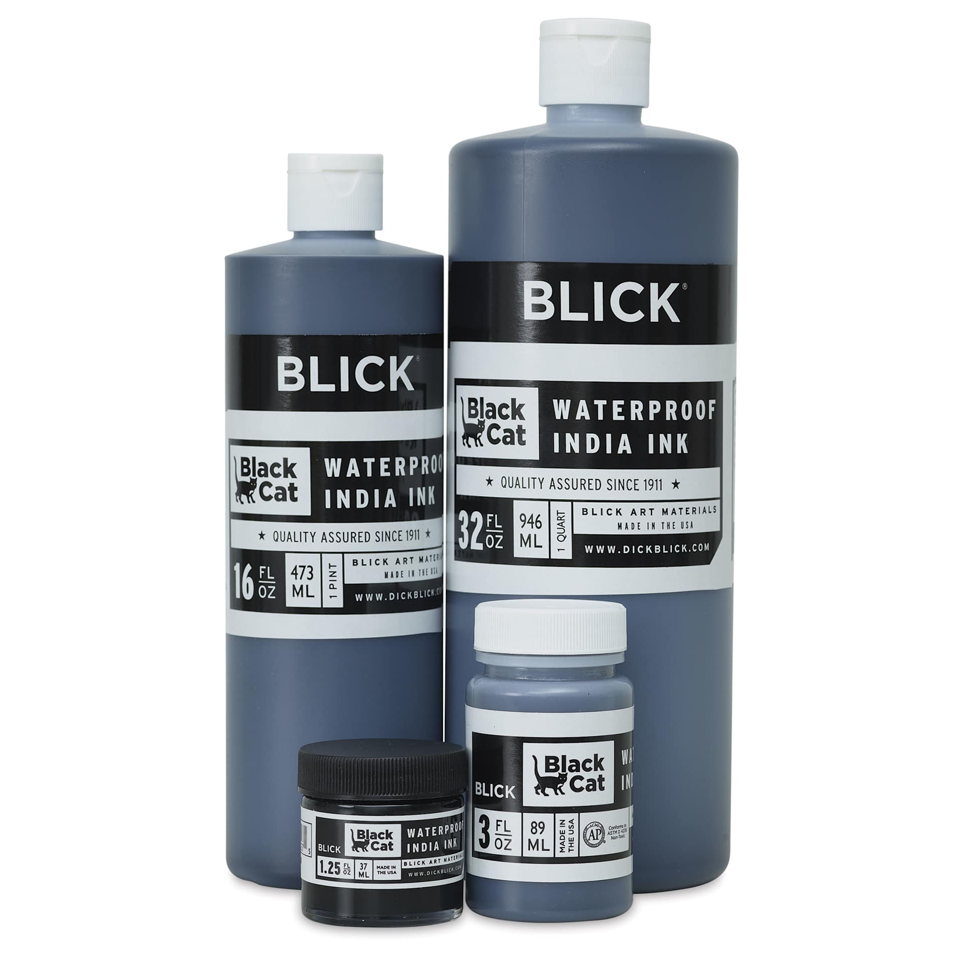 Blick Black Cat Waterproof India Inks in various sizes