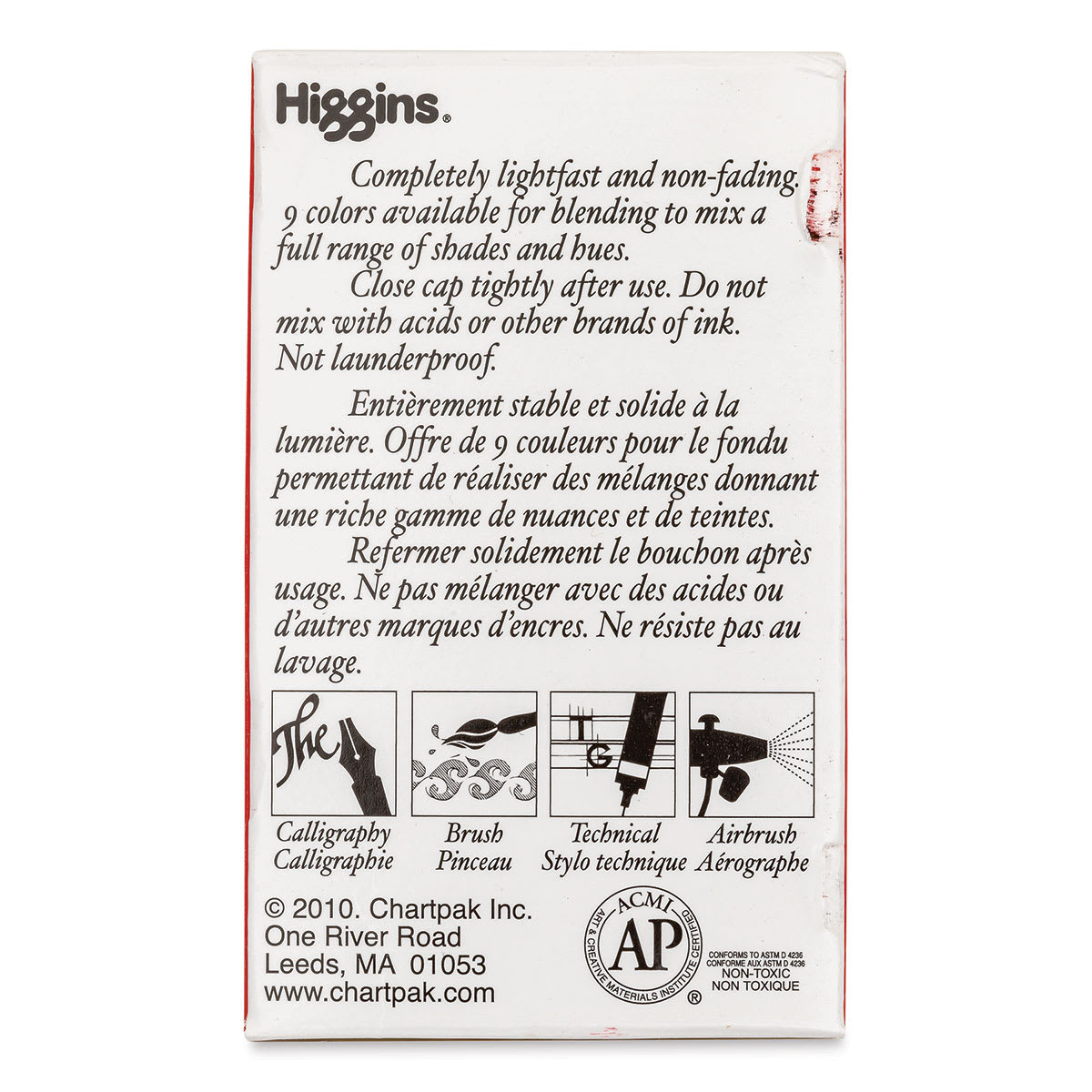 Higgins Drawing Ink - 1 oz, Red, back of the packaging