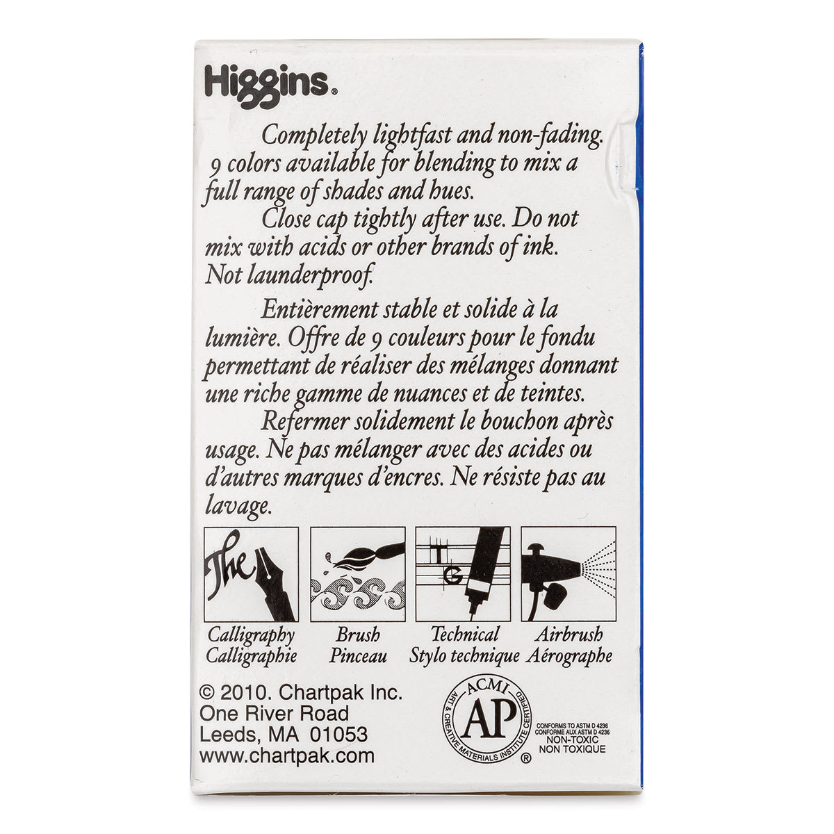 Higgins Drawing Ink - 1 oz, Blue, back of the packaging