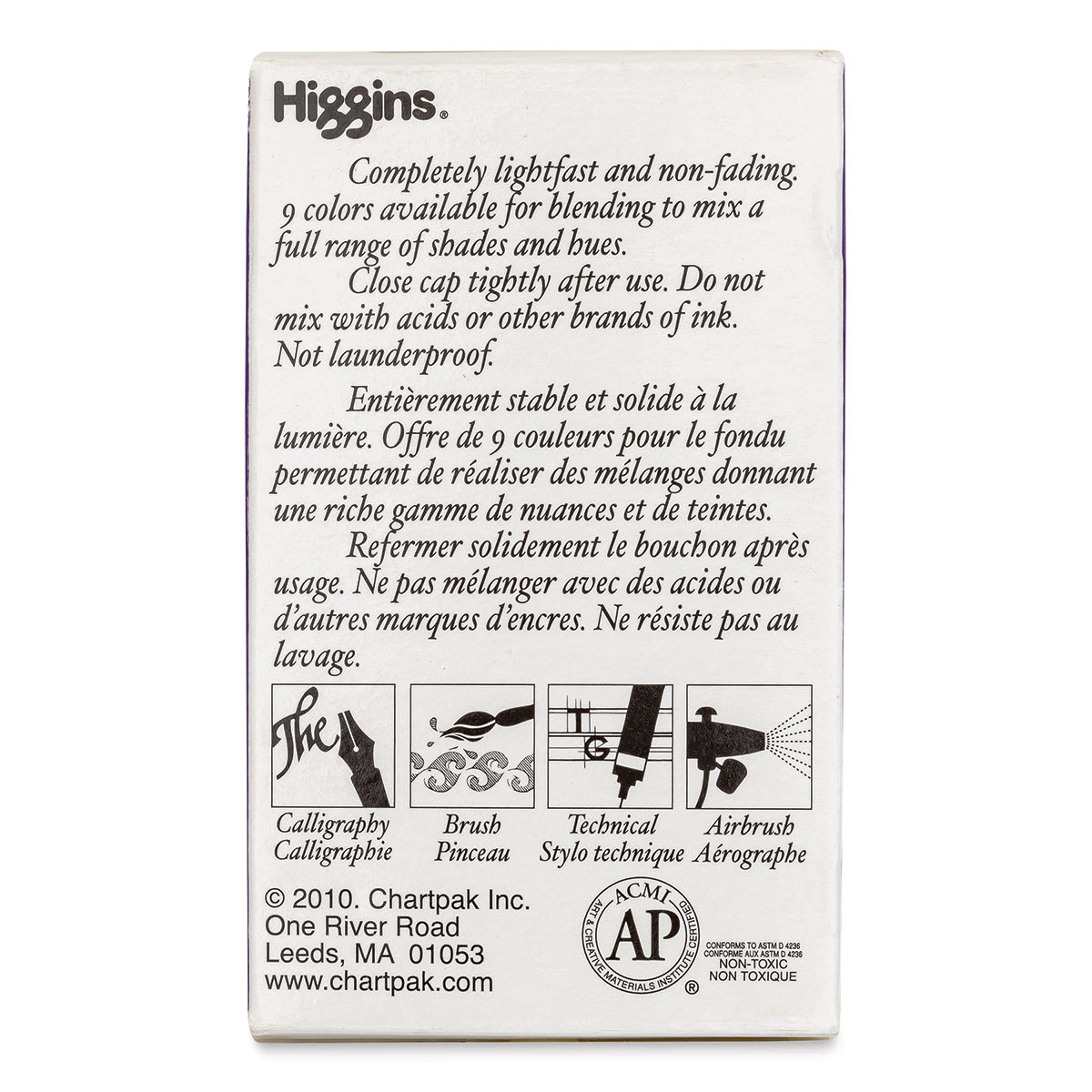 Higgins Drawing Ink - 1 oz, Violet, back of the packaging